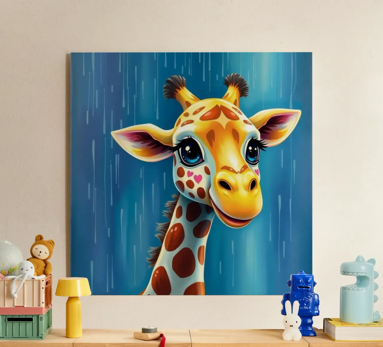 Giraffe met grote ogen vrolijk starend in een kleurrijke kunststijl acryl van DesignDoodle