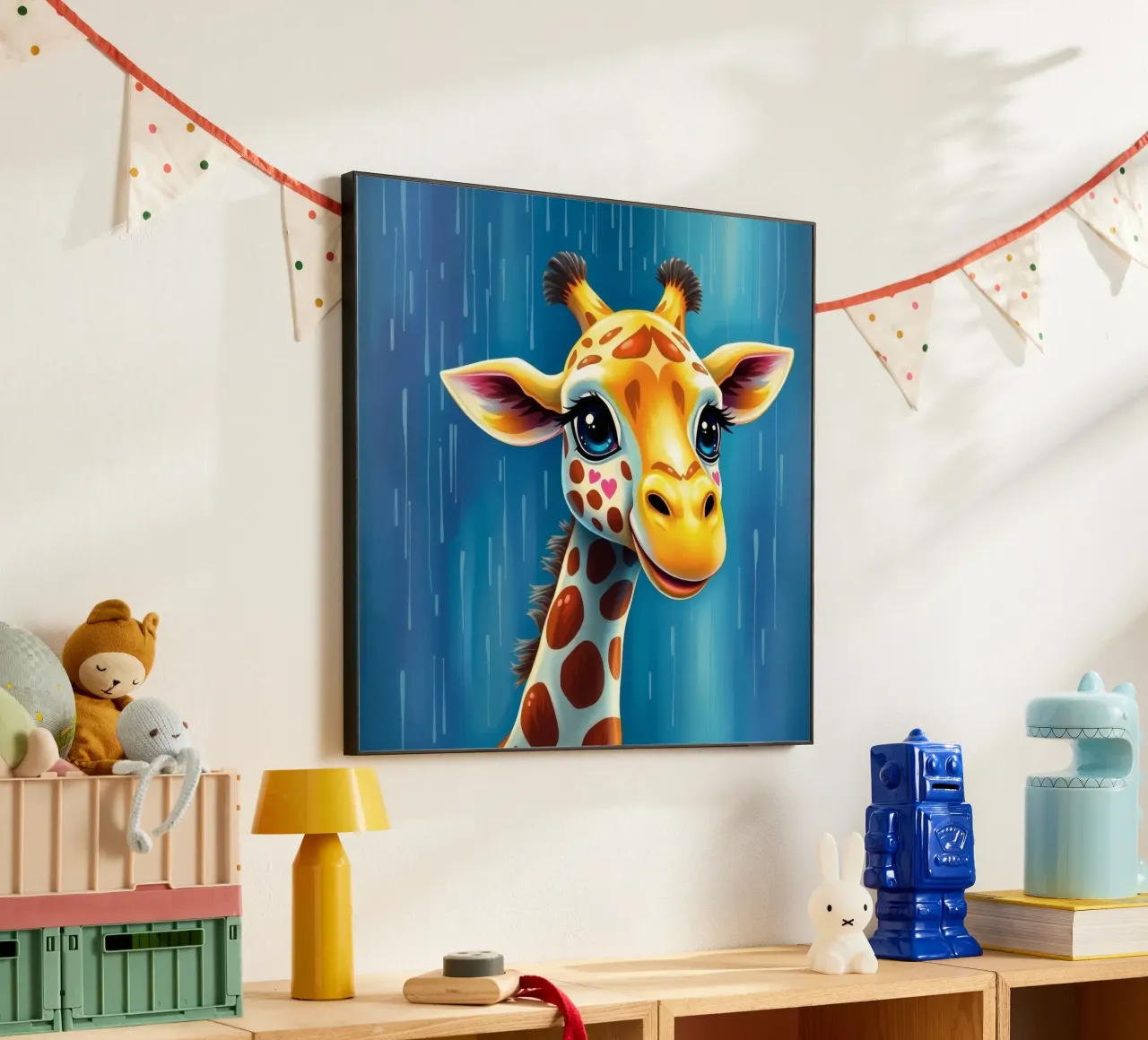 Giraffe with big eyes gazing happily in a colorful art style alu-dibond by DesignDoodle