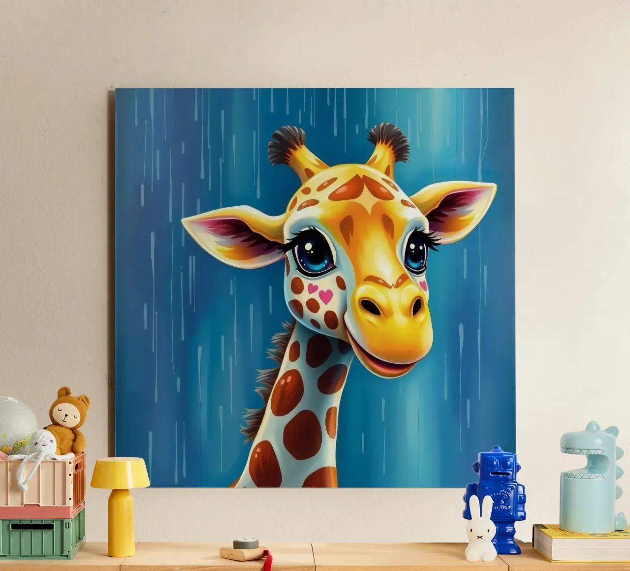 Giraffe with big eyes gazing happily in a colorful art style alu-dibond by DesignDoodle