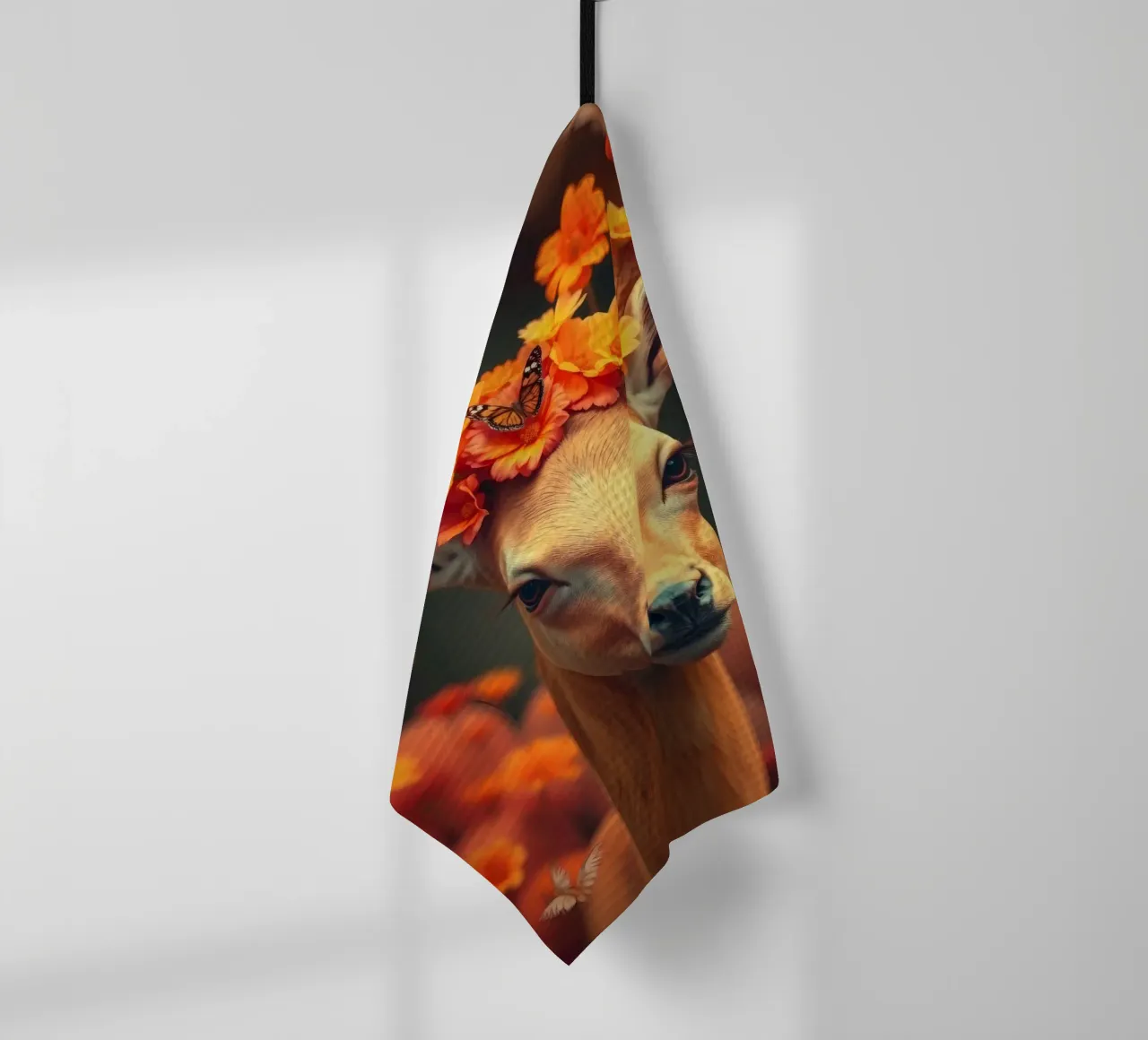 Majestic deer adorned with vibrant flowers tea towel by DesignDoodle