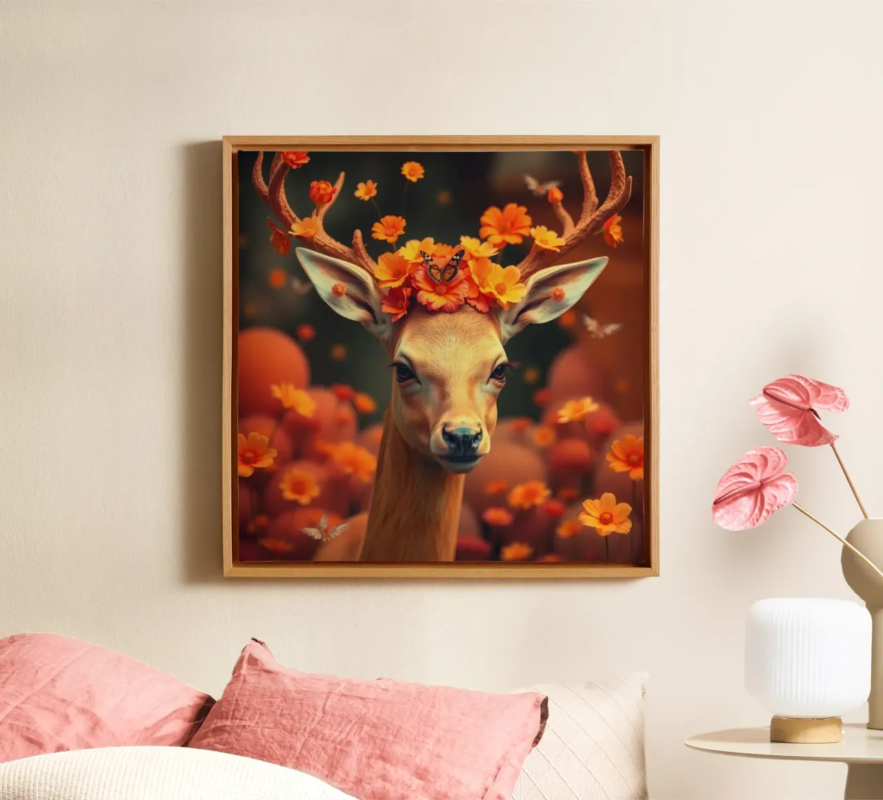 Majestueuze herten versierd met levendige bloemen canvas met Baklijst van DesignDoodle