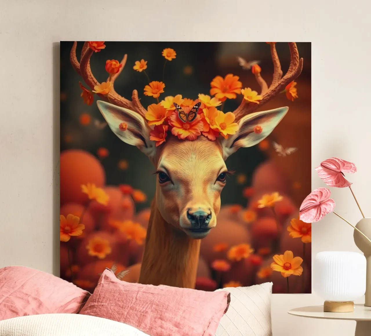 Majestueuze herten versierd met levendige bloemen canvas met Baklijst van DesignDoodle