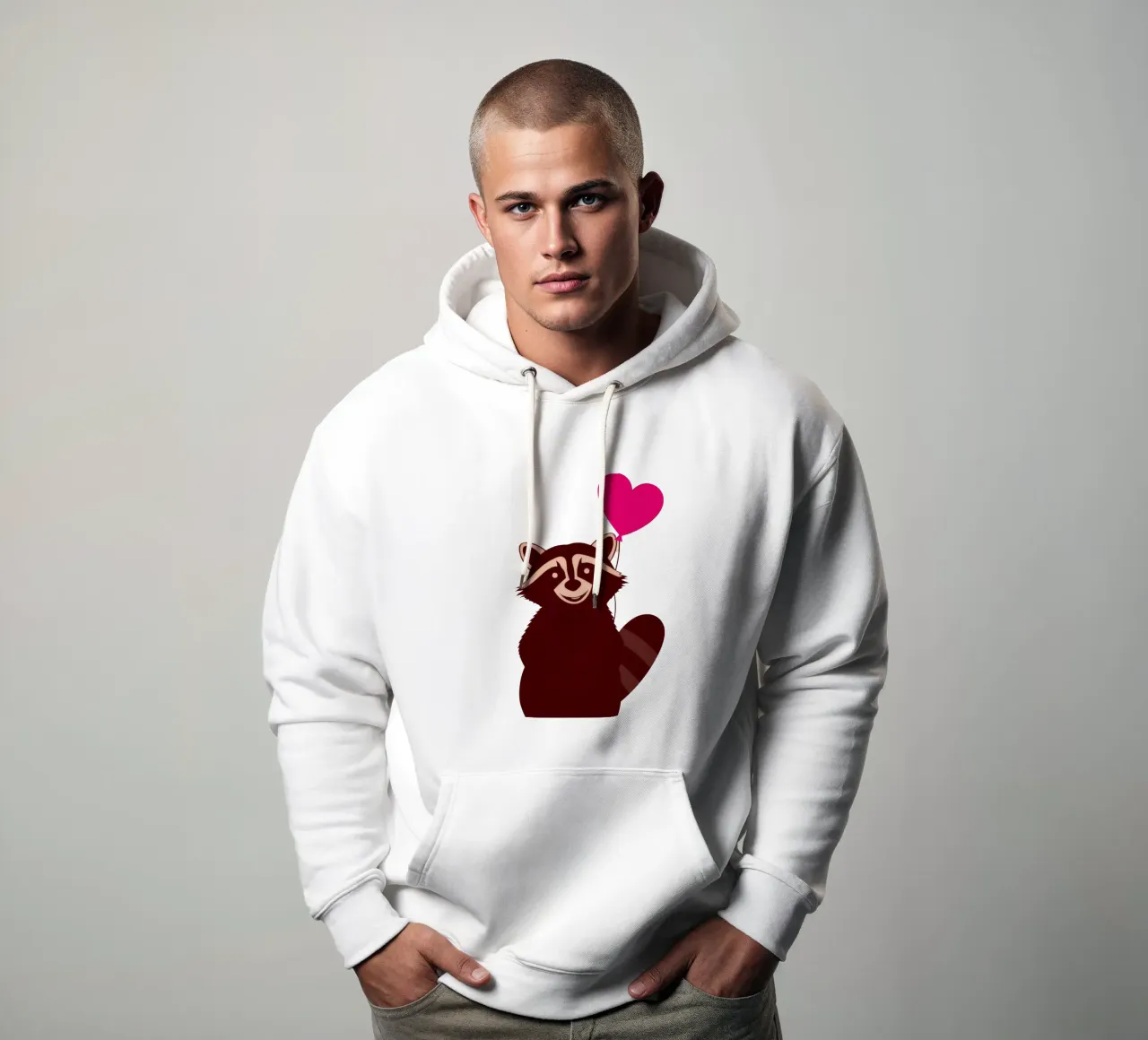 Procione con un palloncino a forma di cuore in piedi con gioia felpa con cappuccio da DesignDoodle