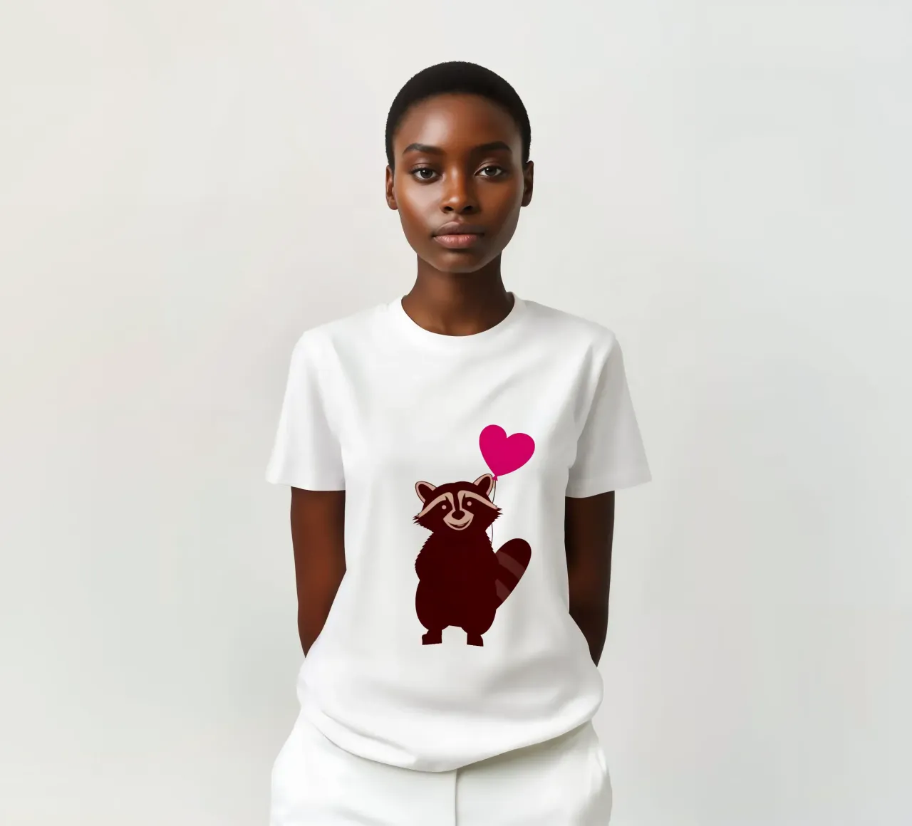 Procione con un palloncino a forma di cuore in piedi con gioia t-shirt da DesignDoodle
