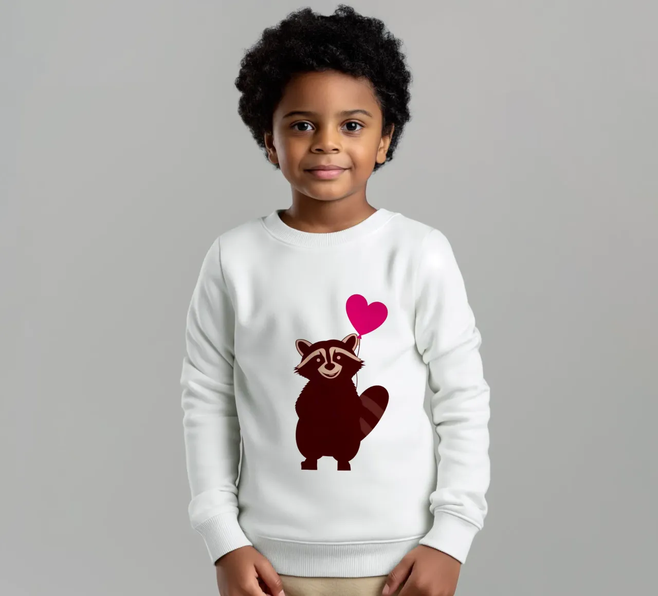 Procione con un palloncino a forma di cuore in piedi con gioia felpa bambino da DesignDoodle