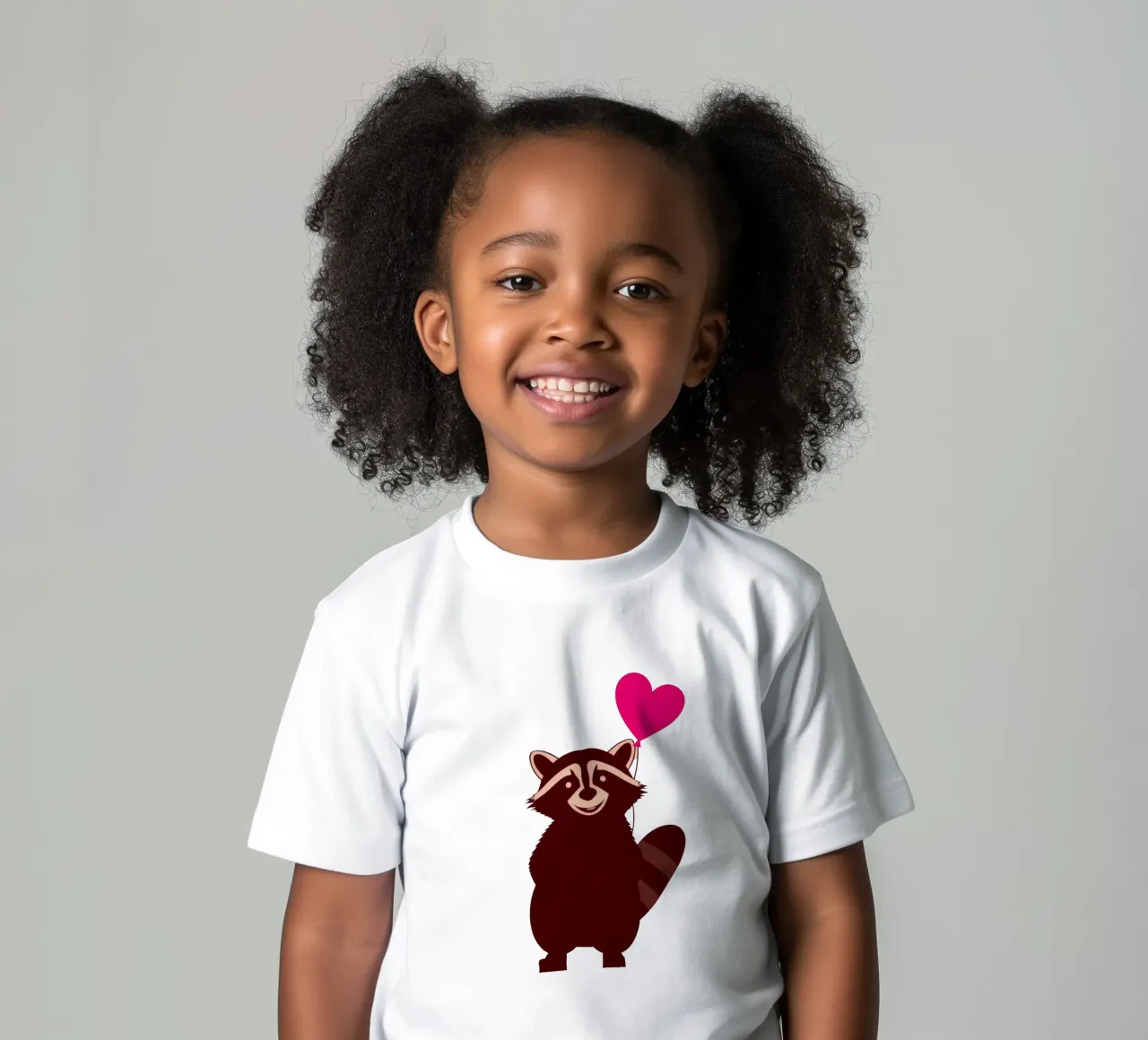 Procione con un palloncino a forma di cuore in piedi con gioia t-shirt bambini da DesignDoodle