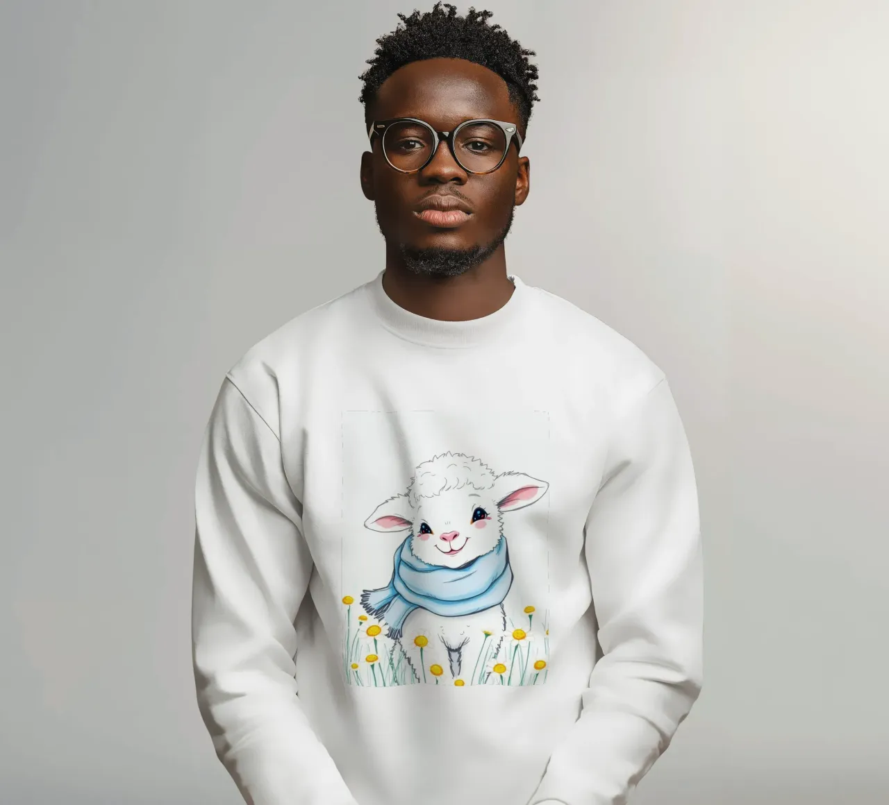 Mignon agneau souriant dans un champ de fleurs jaunes et portant une écharpe bleue sweat de DesignDoodle