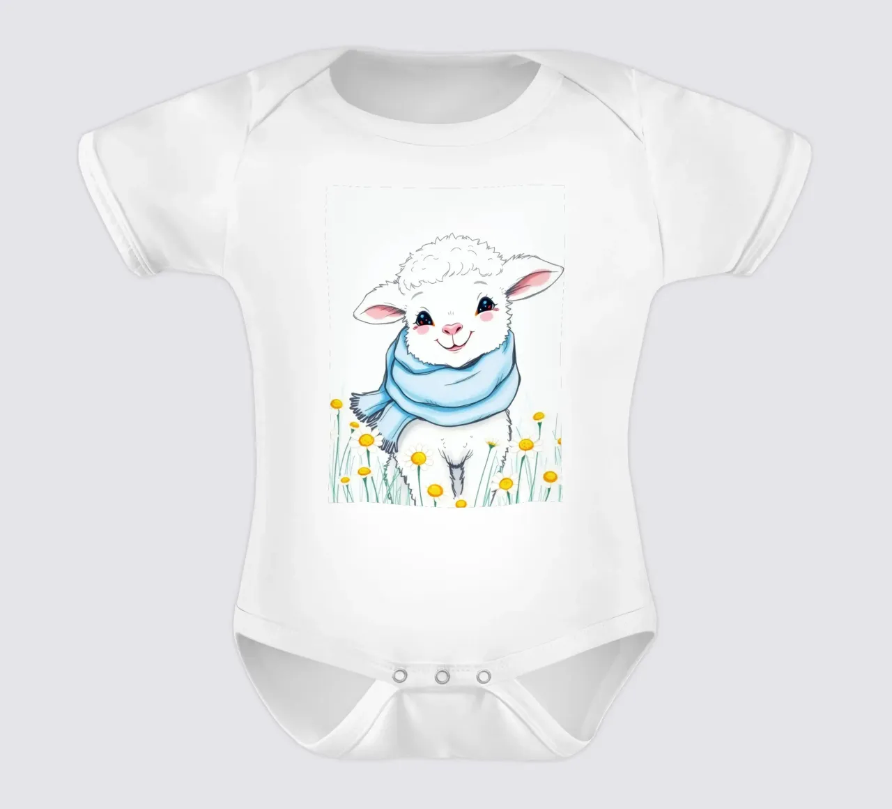 Mignon agneau souriant dans un champ de fleurs jaunes et portant une écharpe bleue body bébé de DesignDoodle