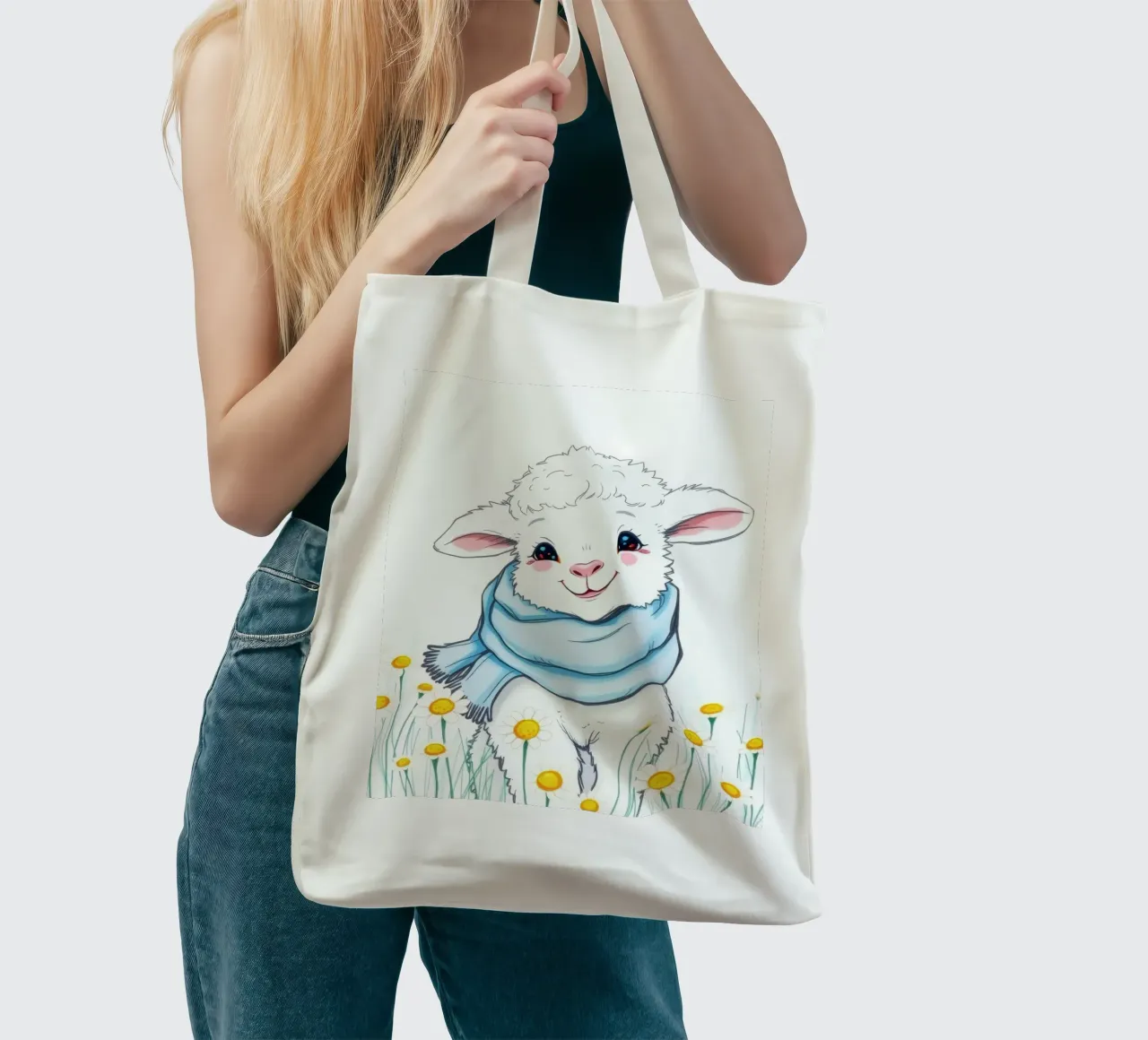 Mignon agneau souriant dans un champ de fleurs jaunes et portant une écharpe bleue tote bag de DesignDoodle