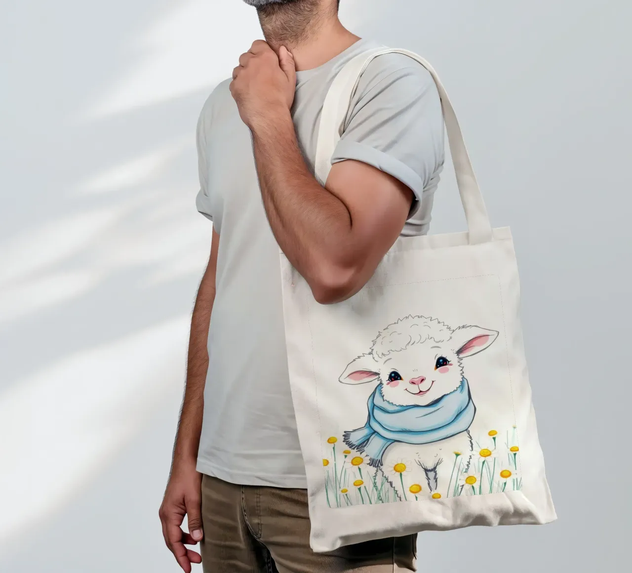 Mignon agneau souriant dans un champ de fleurs jaunes et portant une écharpe bleue tote bag de DesignDoodle