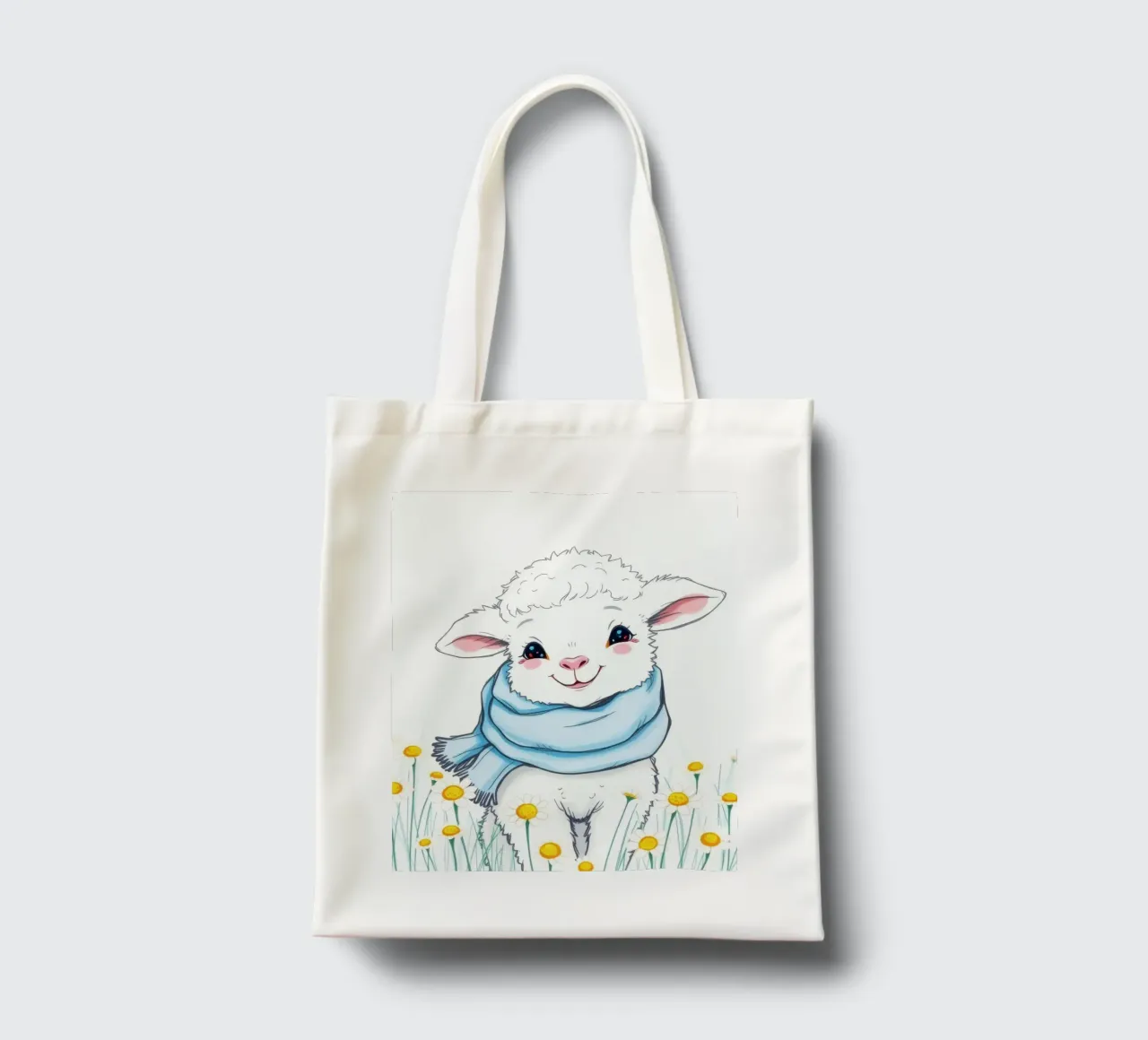 Mignon agneau souriant dans un champ de fleurs jaunes et portant une écharpe bleue tote bag de DesignDoodle