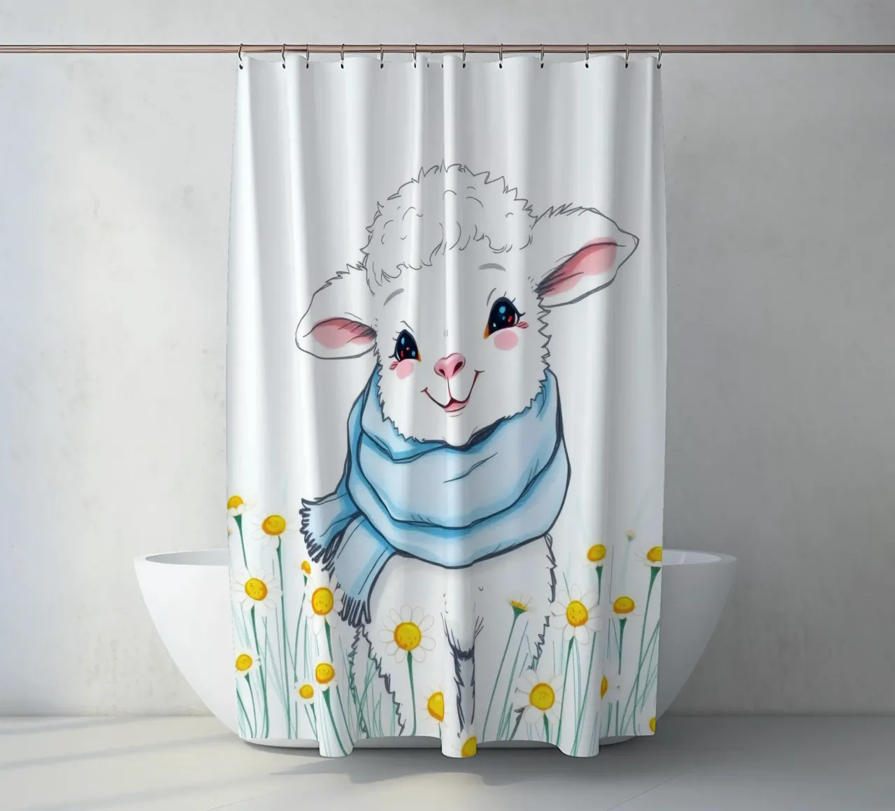 Mignon agneau souriant dans un champ de fleurs jaunes et portant une écharpe bleue rideau de douche de DesignDoodle