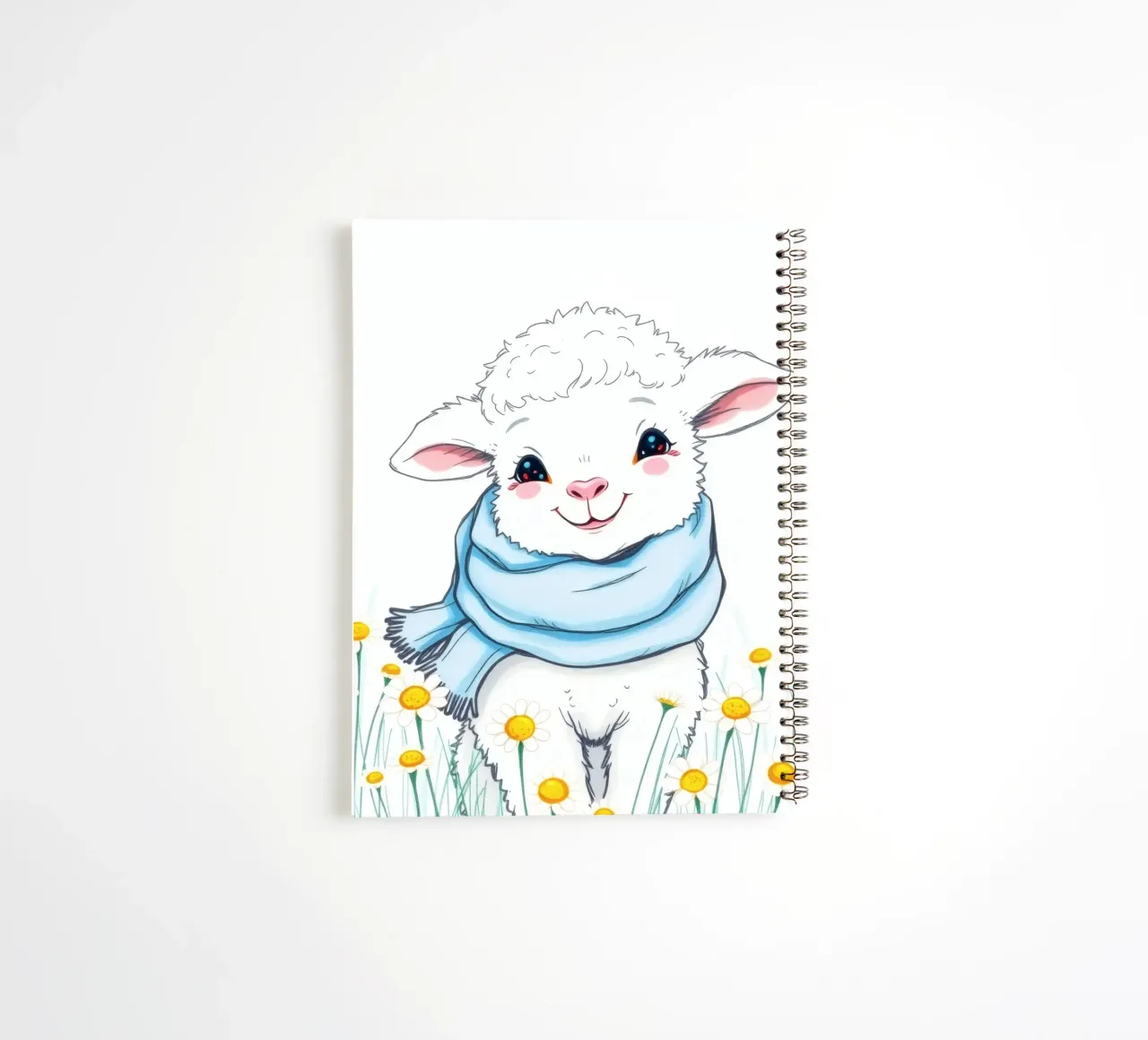 Mignon agneau souriant dans un champ de fleurs jaunes et portant une écharpe bleue carnet à spirale de DesignDoodle