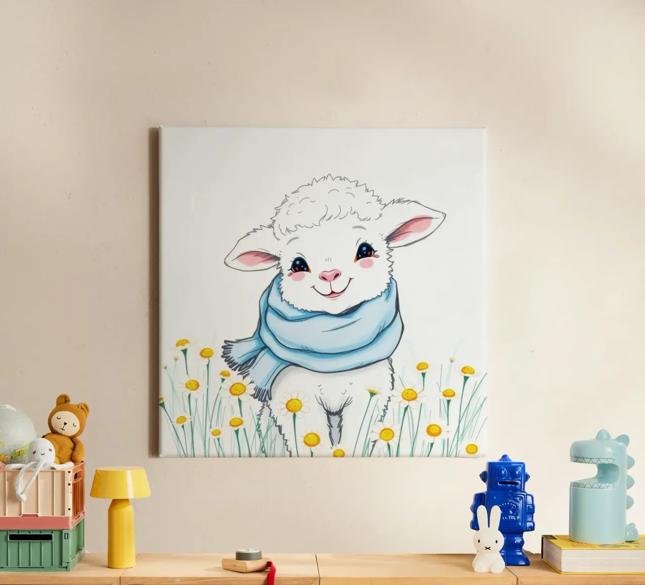 Mignon agneau souriant dans un champ de fleurs jaunes et portant une écharpe bleue toile de DesignDoodle