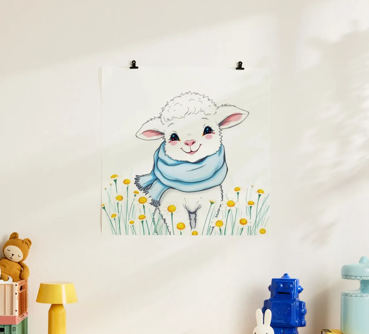 Mignon agneau souriant dans un champ de fleurs jaunes et portant une écharpe bleue hahnemühle de DesignDoodle