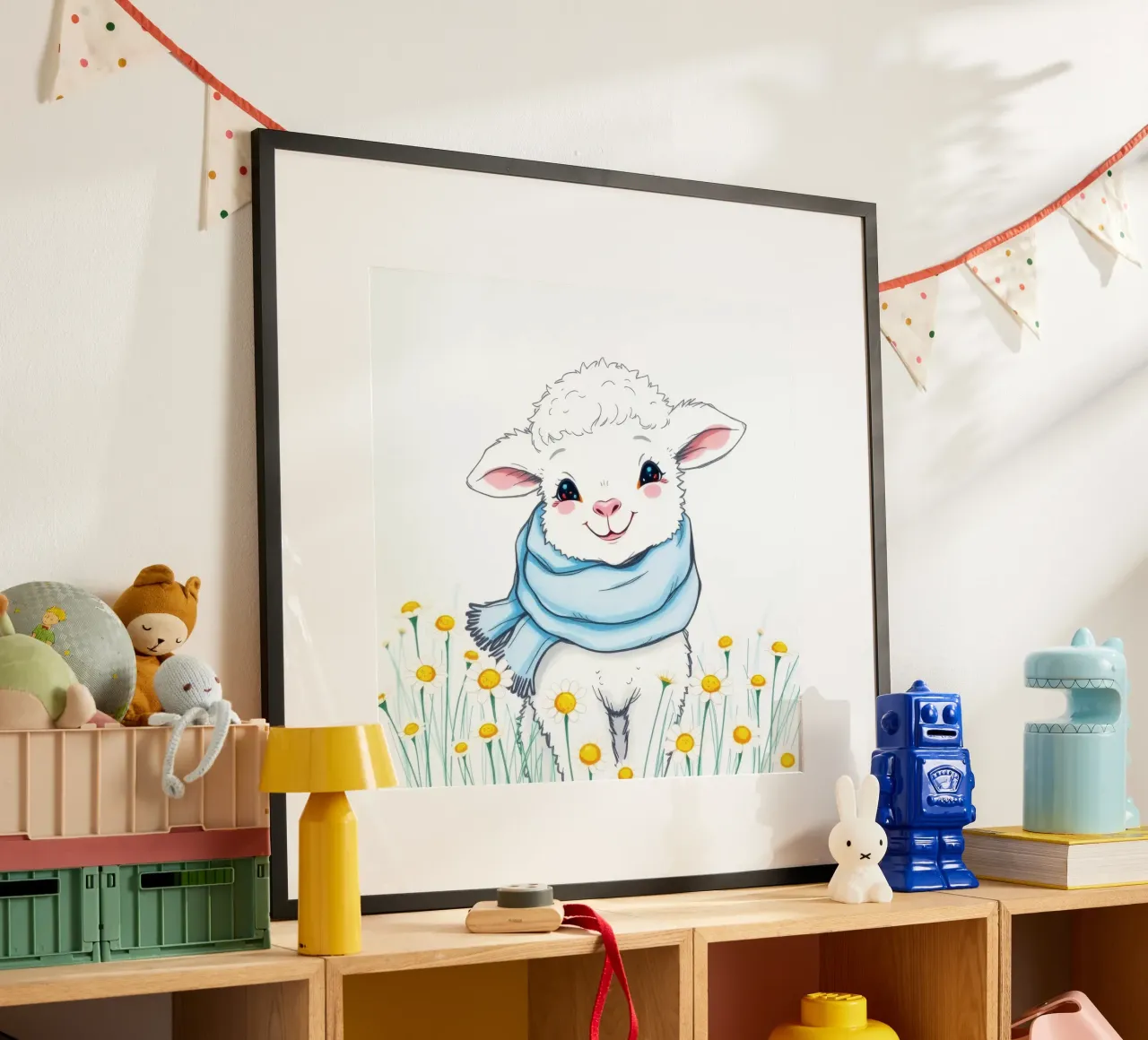 Mignon agneau souriant dans un champ de fleurs jaunes et portant une écharpe bleue hahnemühle de DesignDoodle