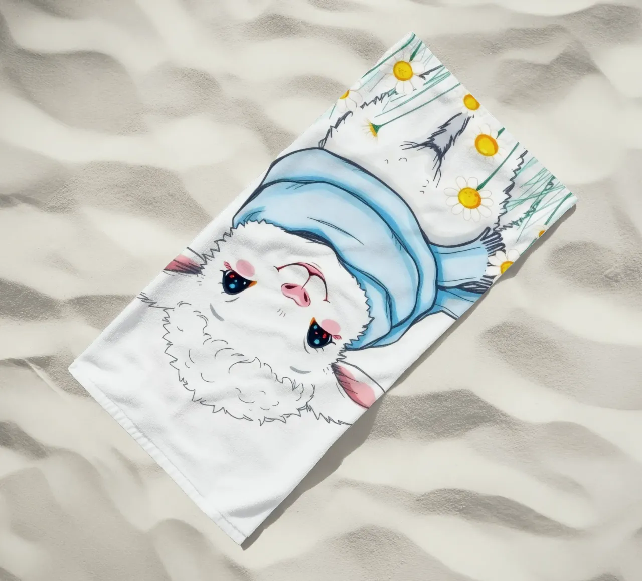 Mignon agneau souriant dans un champ de fleurs jaunes et portant une écharpe bleue serviette de plage de DesignDoodle