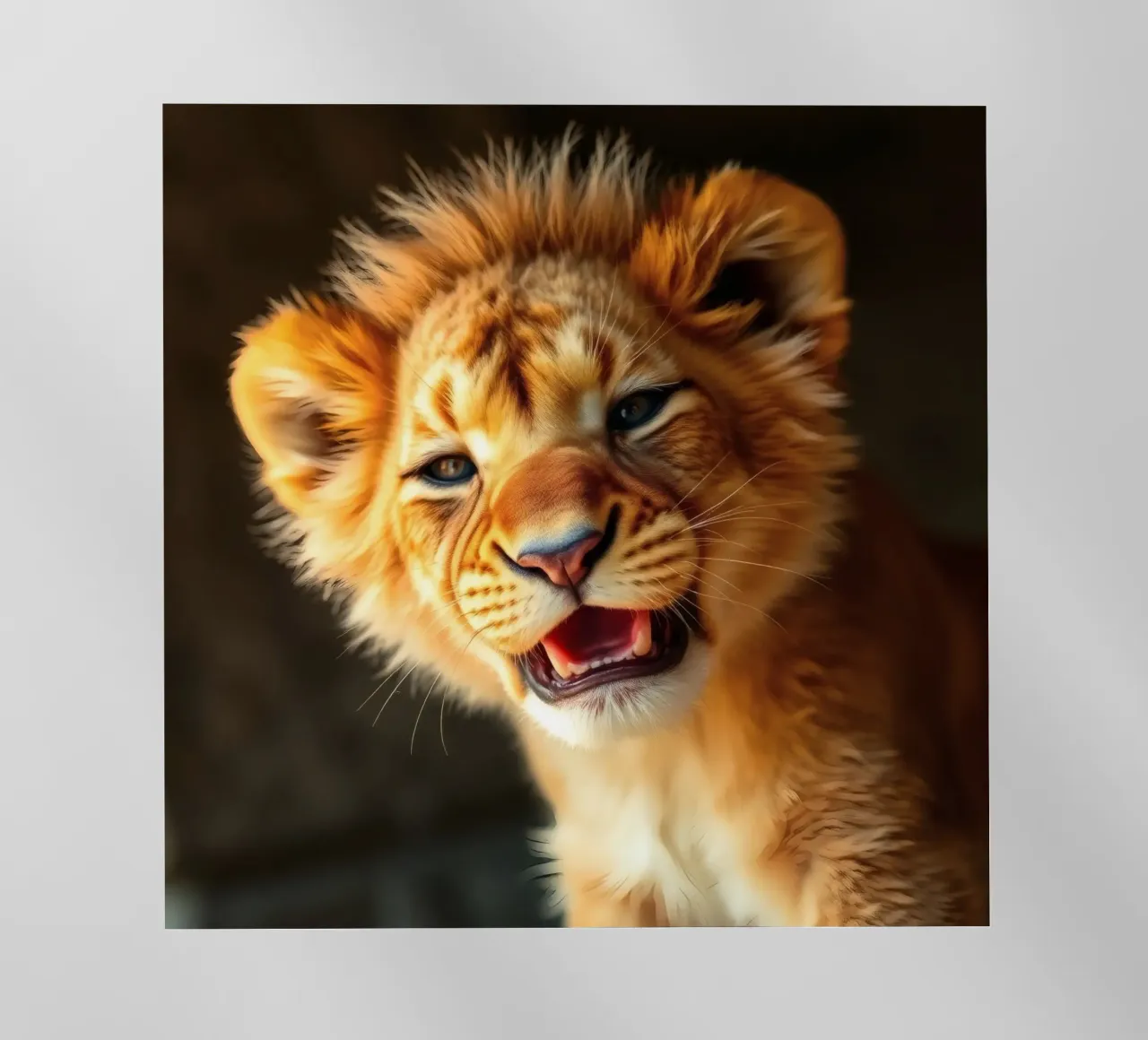 Un tenero cucciolo di leone ringhia giocosamente mettendo in mostra una pelliccia vibrante pellicola backlit da DesignDoodle