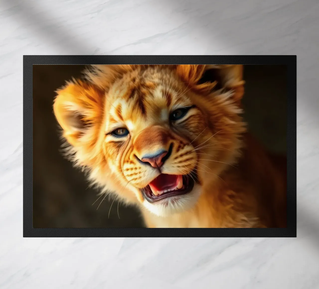 Un tenero cucciolo di leone ringhia giocosamente mettendo in mostra una pelliccia vibrante zerbino da DesignDoodle