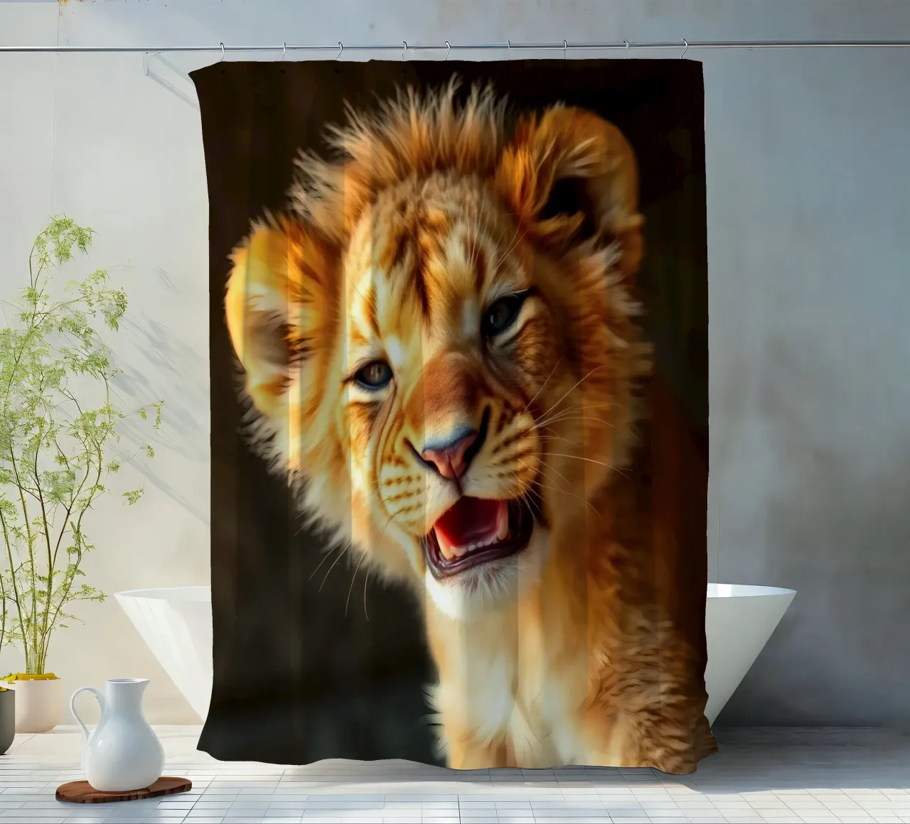 Schattig leeuwenwelpje gromt speels met levendige vacht douchegordijn van DesignDoodle