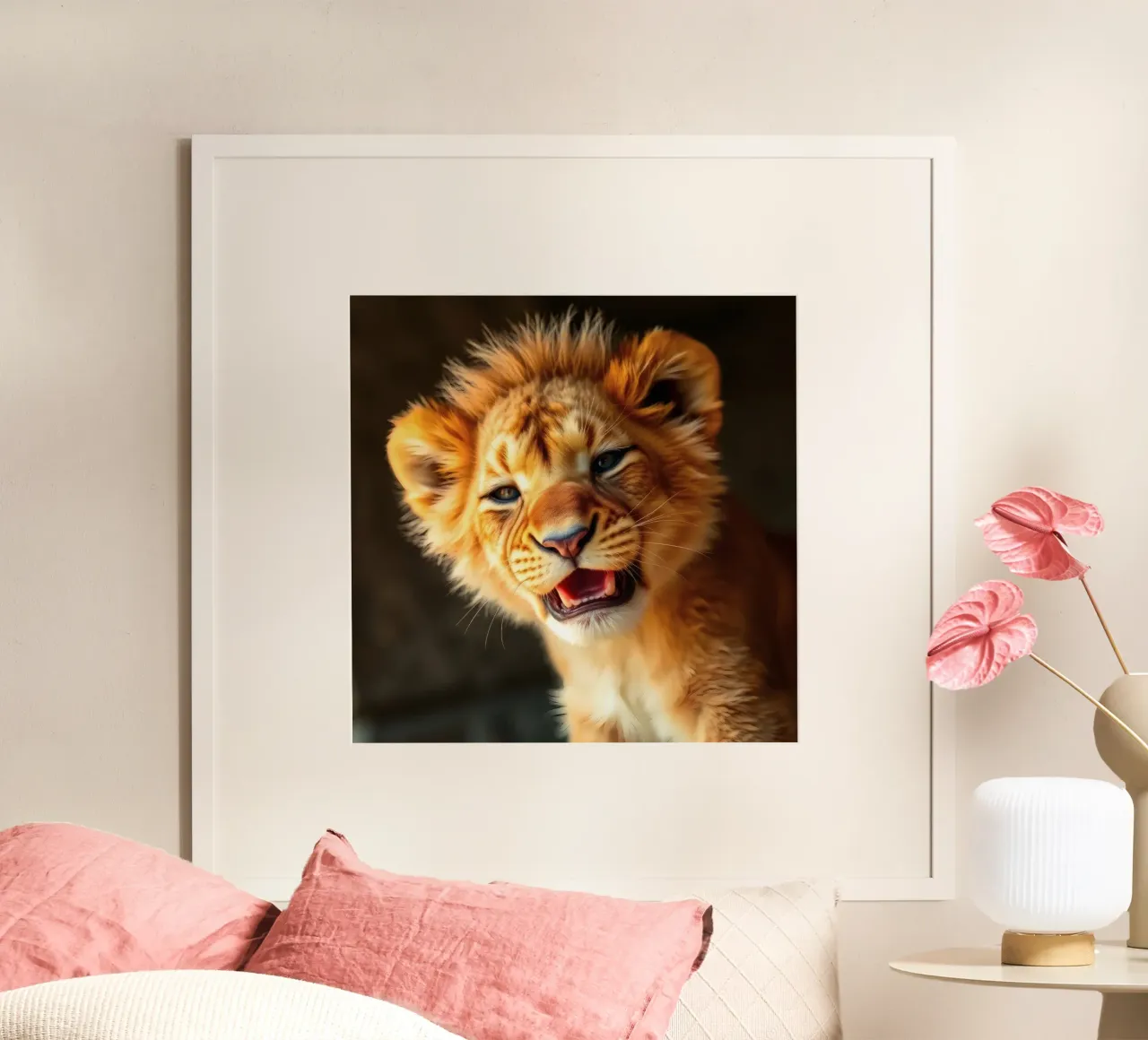 Un mignon lionceau grogne en jouant, mettant en valeur sa fourrure vibrante. poster de DesignDoodle