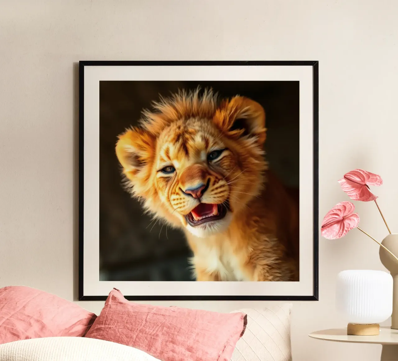 Un mignon lionceau grogne en jouant, mettant en valeur sa fourrure vibrante. poster de DesignDoodle