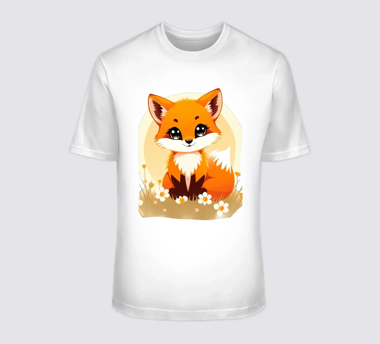 Cute cartoon fox sitting in a field of flowers t-shirt by DesignDoodle