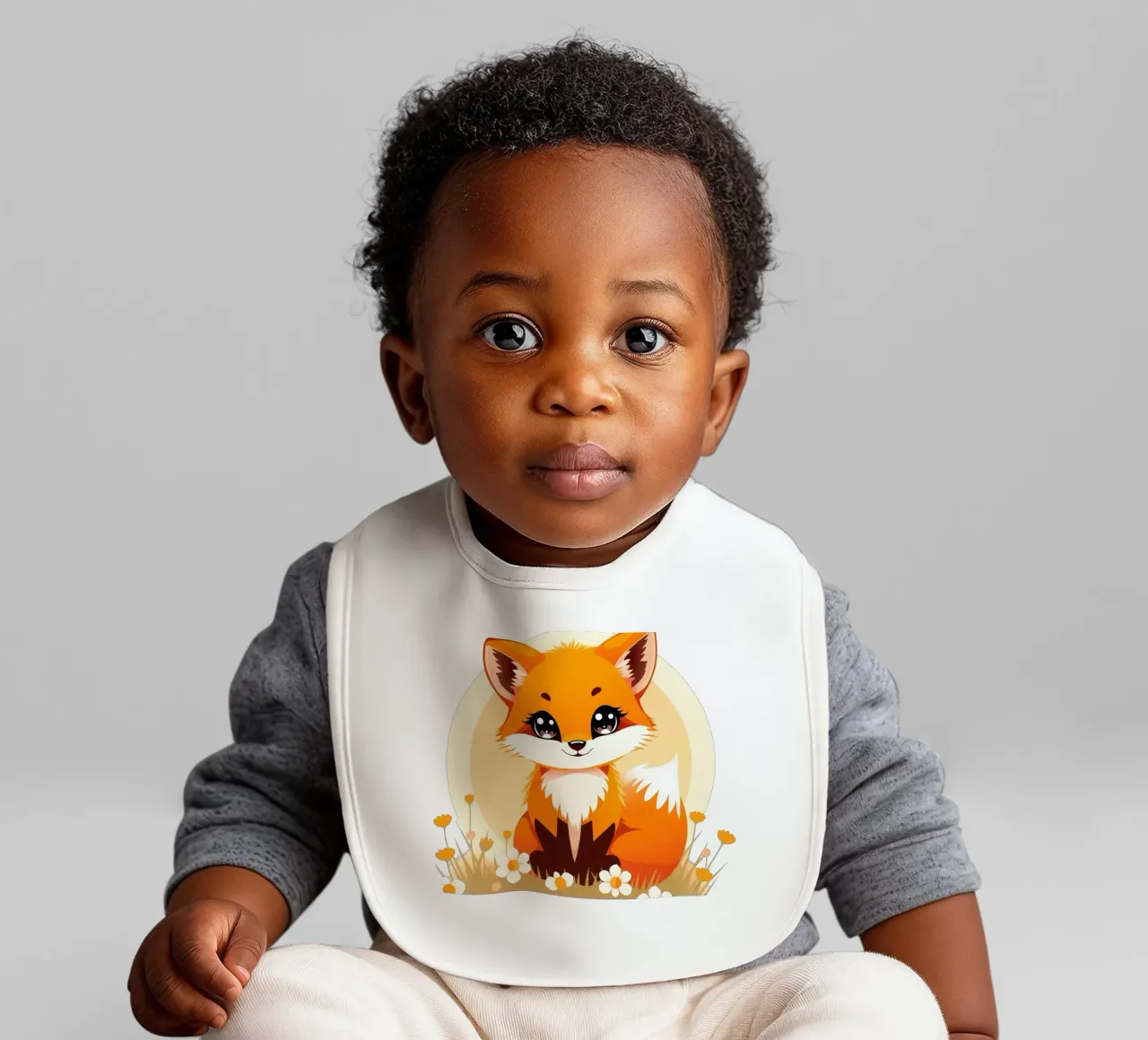 Cute cartoon fox sitting in a field of flowers baby bib by DesignDoodle