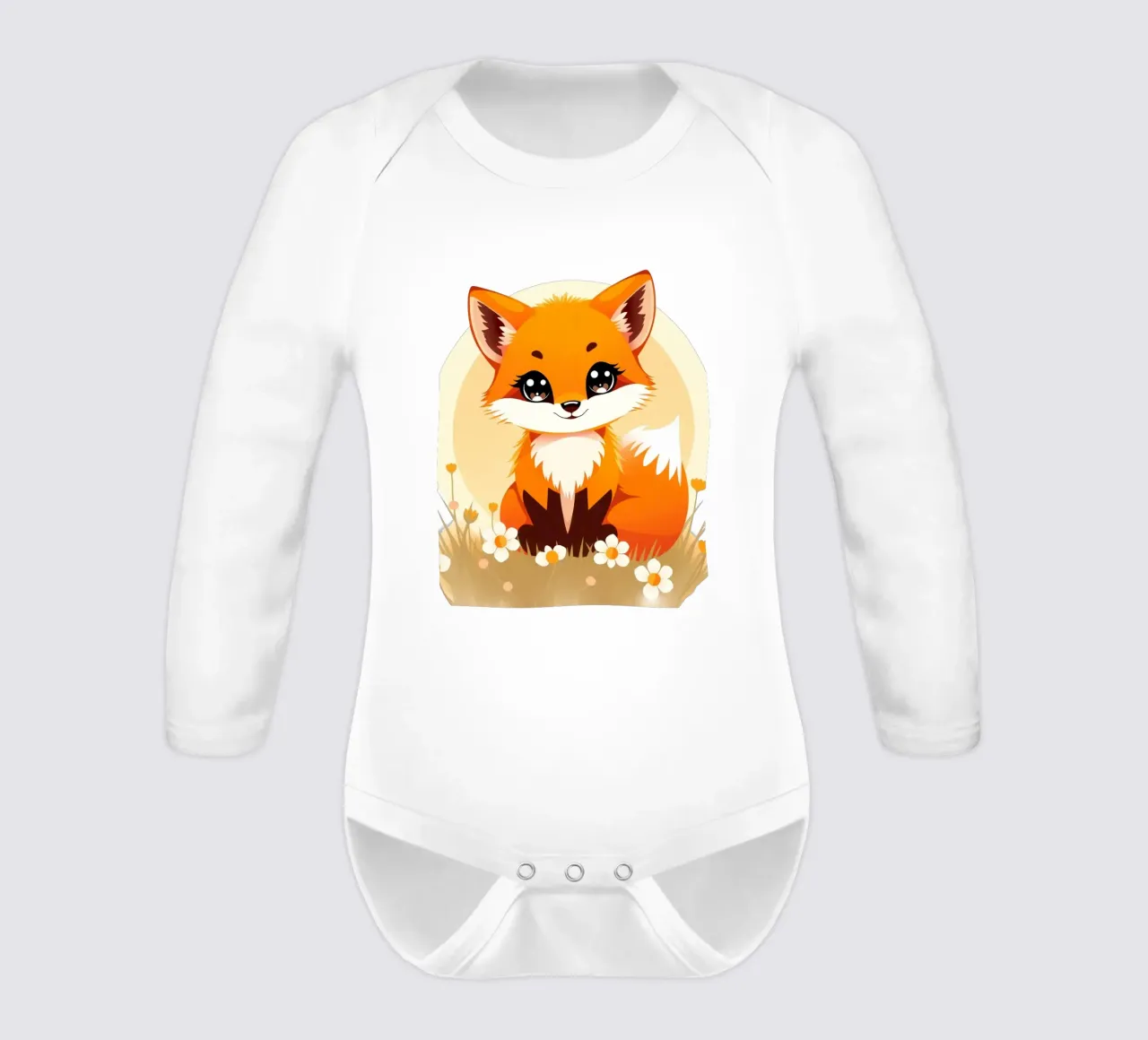 Niedlicher Cartoon-Fuchs, der in einem Blumenfeld sitzt Langarm Babybody von DesignDoodle