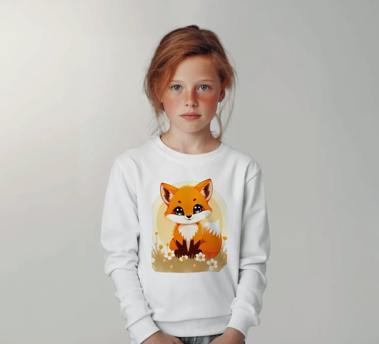 Volpe cartone animato carino seduto in un campo di fiori felpa bambino da DesignDoodle