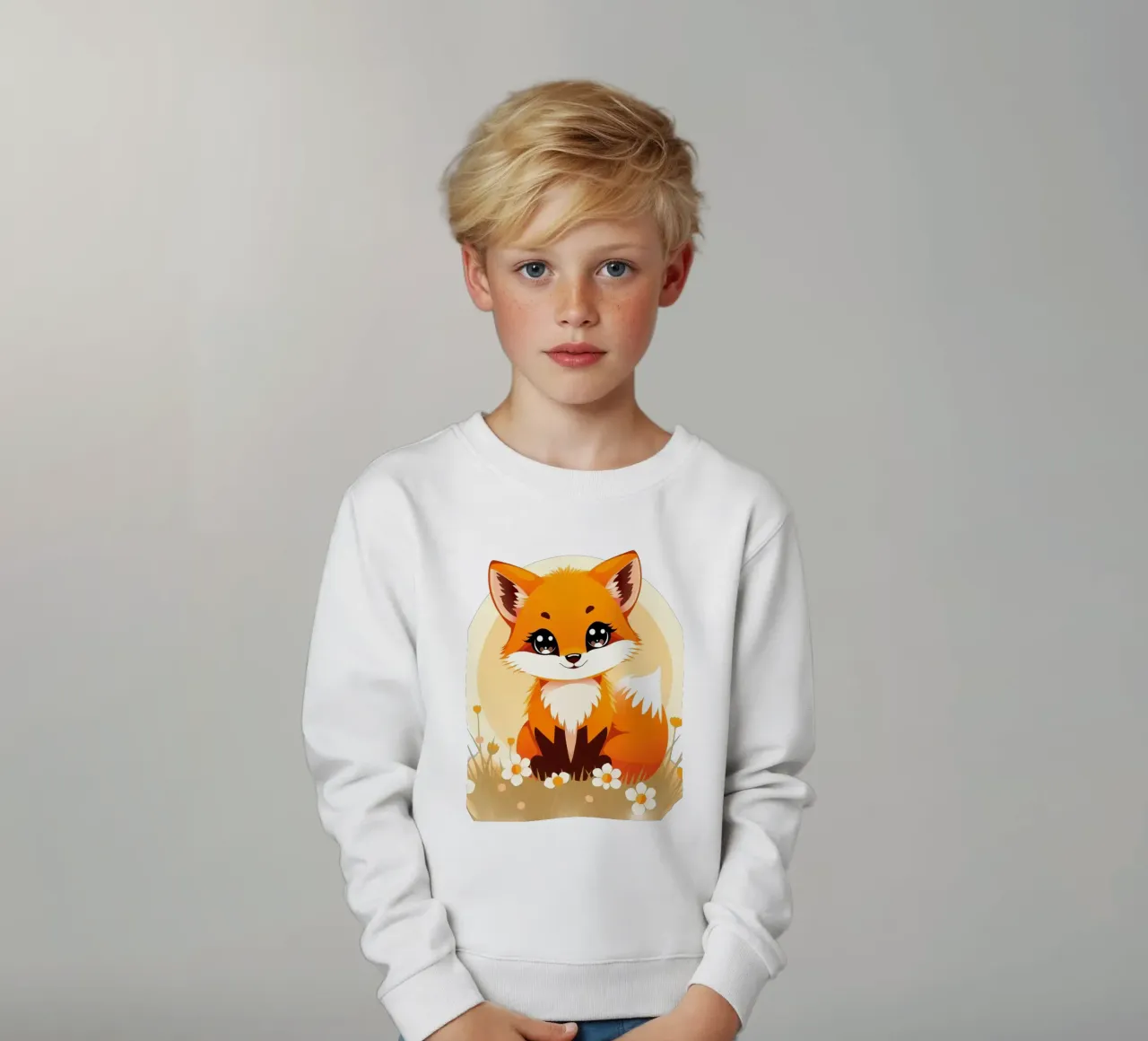 Volpe cartone animato carino seduto in un campo di fiori felpa bambino da DesignDoodle