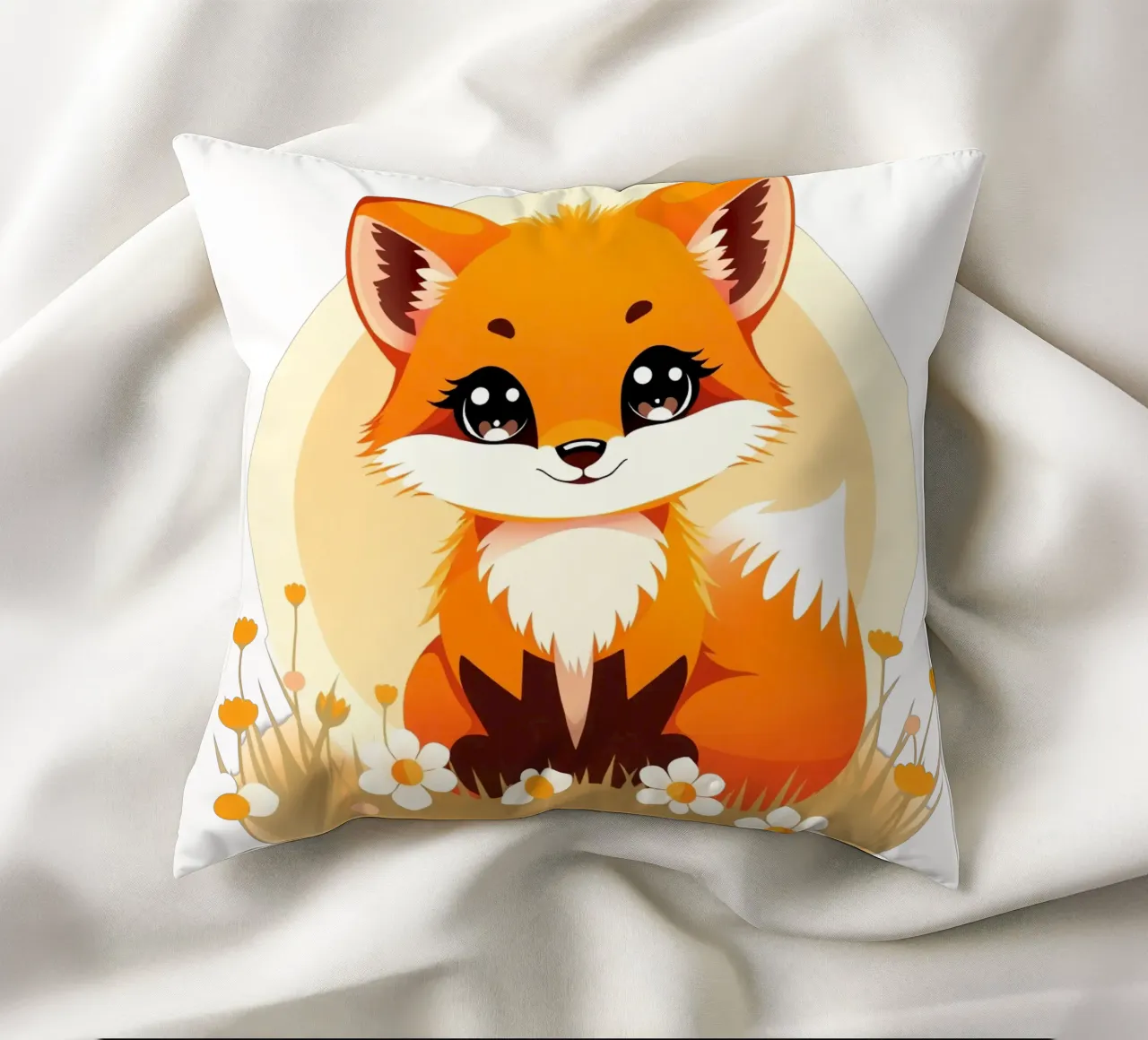 Cute cartoon fox sitting in a field of flowers decorative cushion by DesignDoodle