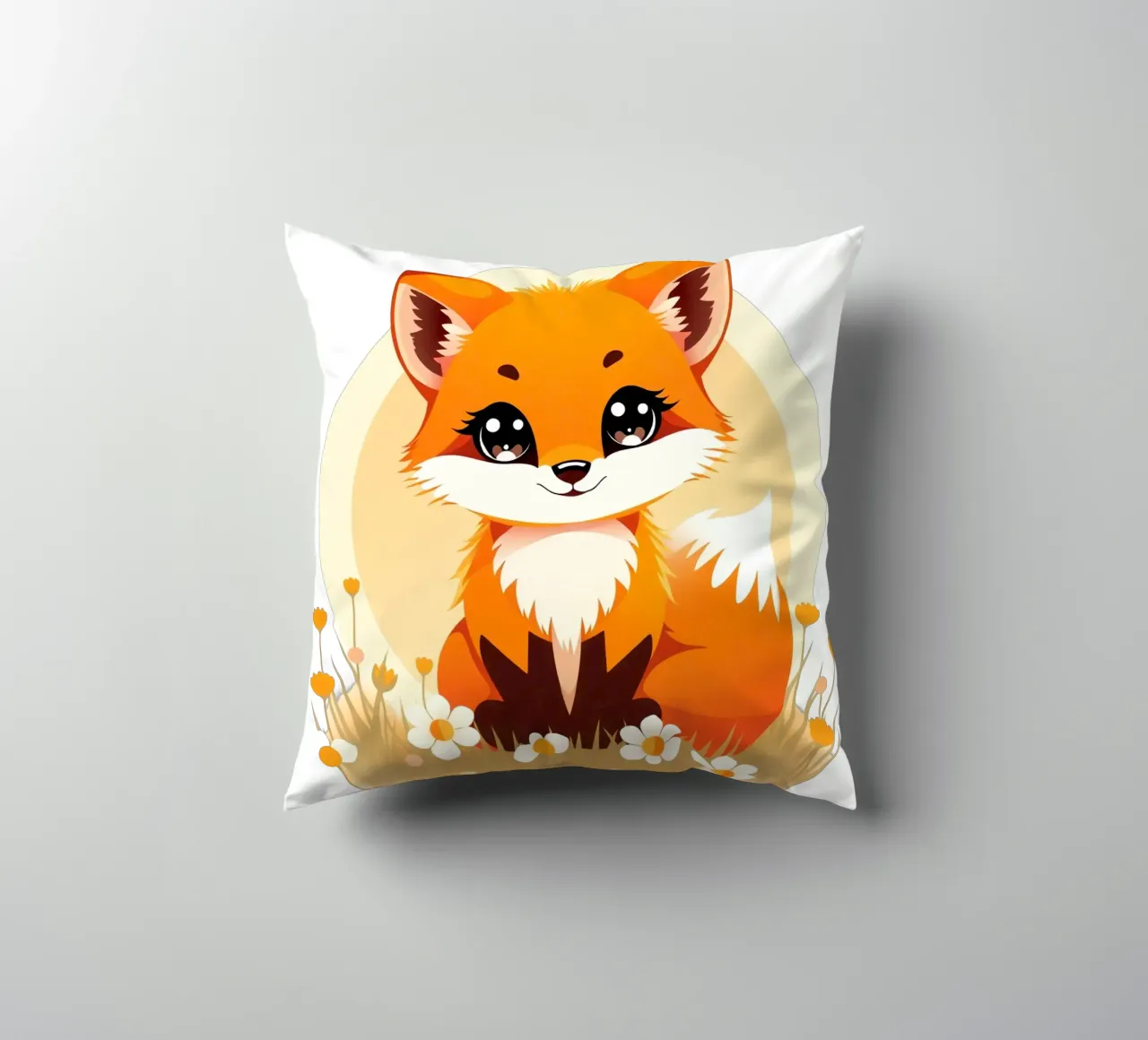 Cute cartoon fox sitting in a field of flowers decorative cushion by DesignDoodle