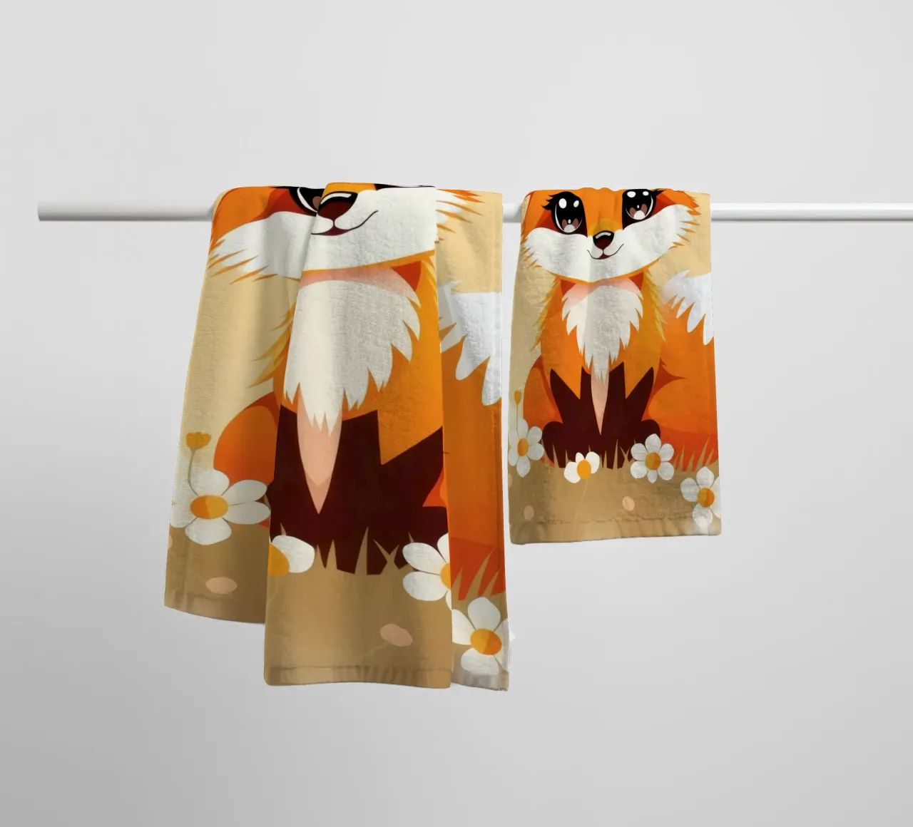 Cute cartoon fox sitting in a field of flowers towel by DesignDoodle