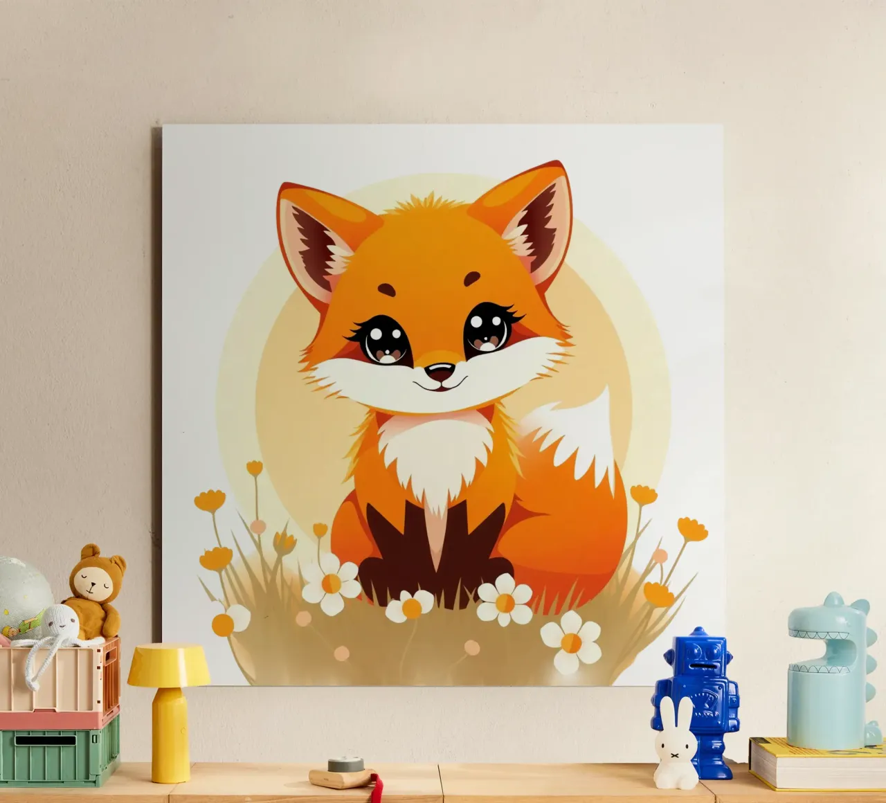 Niedlicher Cartoon-Fuchs, der in einem Blumenfeld sitzt Forex-Platte von DesignDoodle
