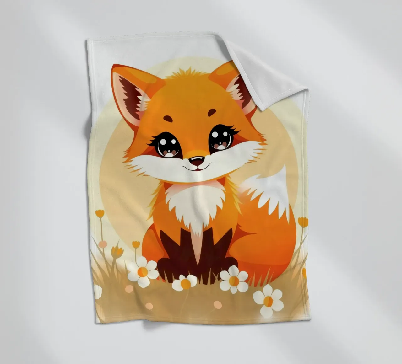 Volpe cartone animato carino seduto in un campo di fiori coperta in pile da DesignDoodle