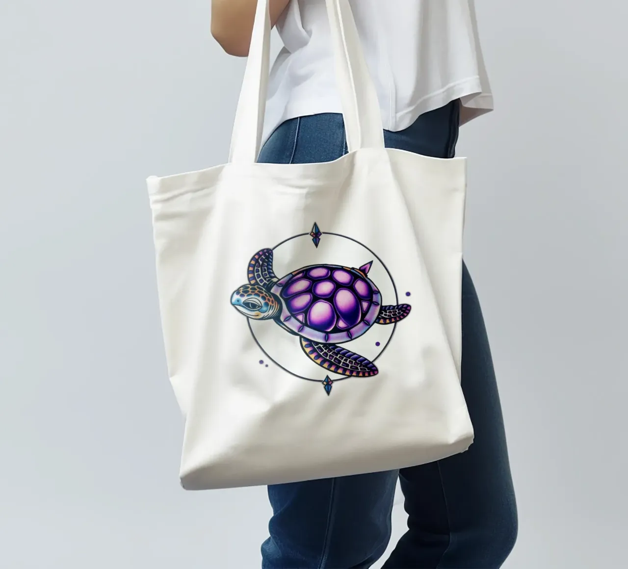 Design colorato della tartaruga che incorpora elementi geometrici borsa in juta da DesignDoodle