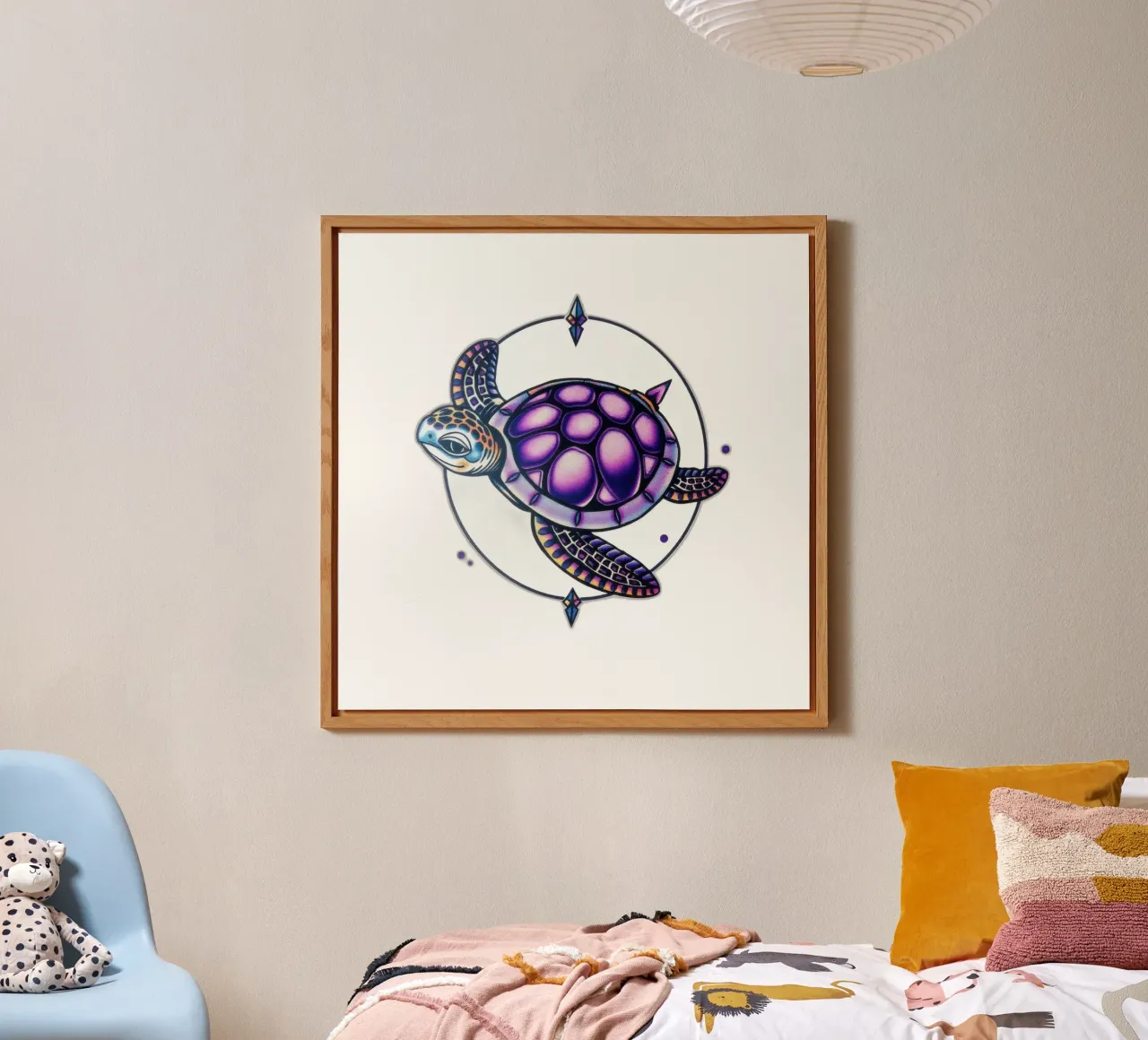 Design colorato della tartaruga che incorpora elementi geometrici alluminio dibond da DesignDoodle