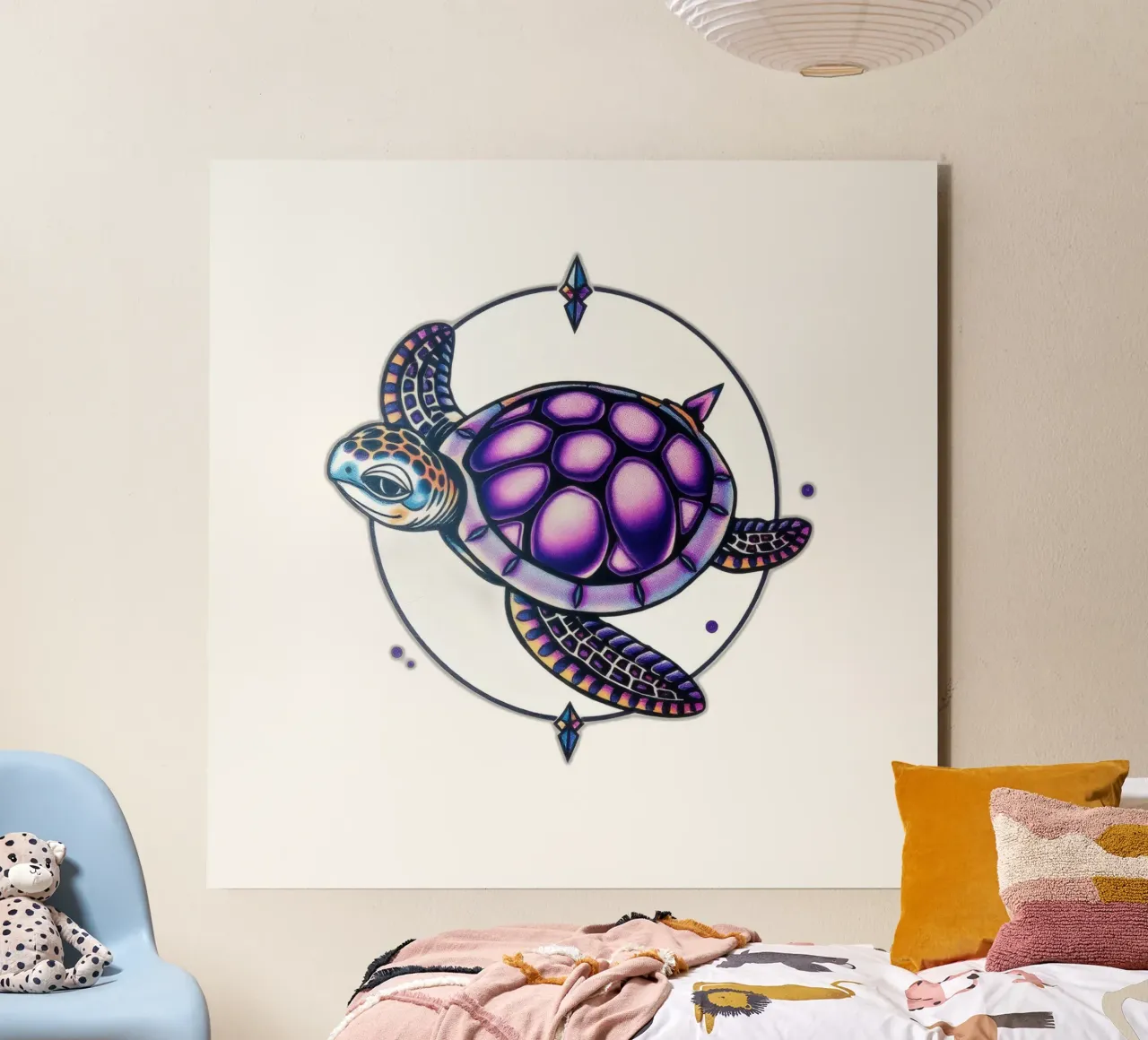 Design colorato della tartaruga che incorpora elementi geometrici alluminio dibond da DesignDoodle