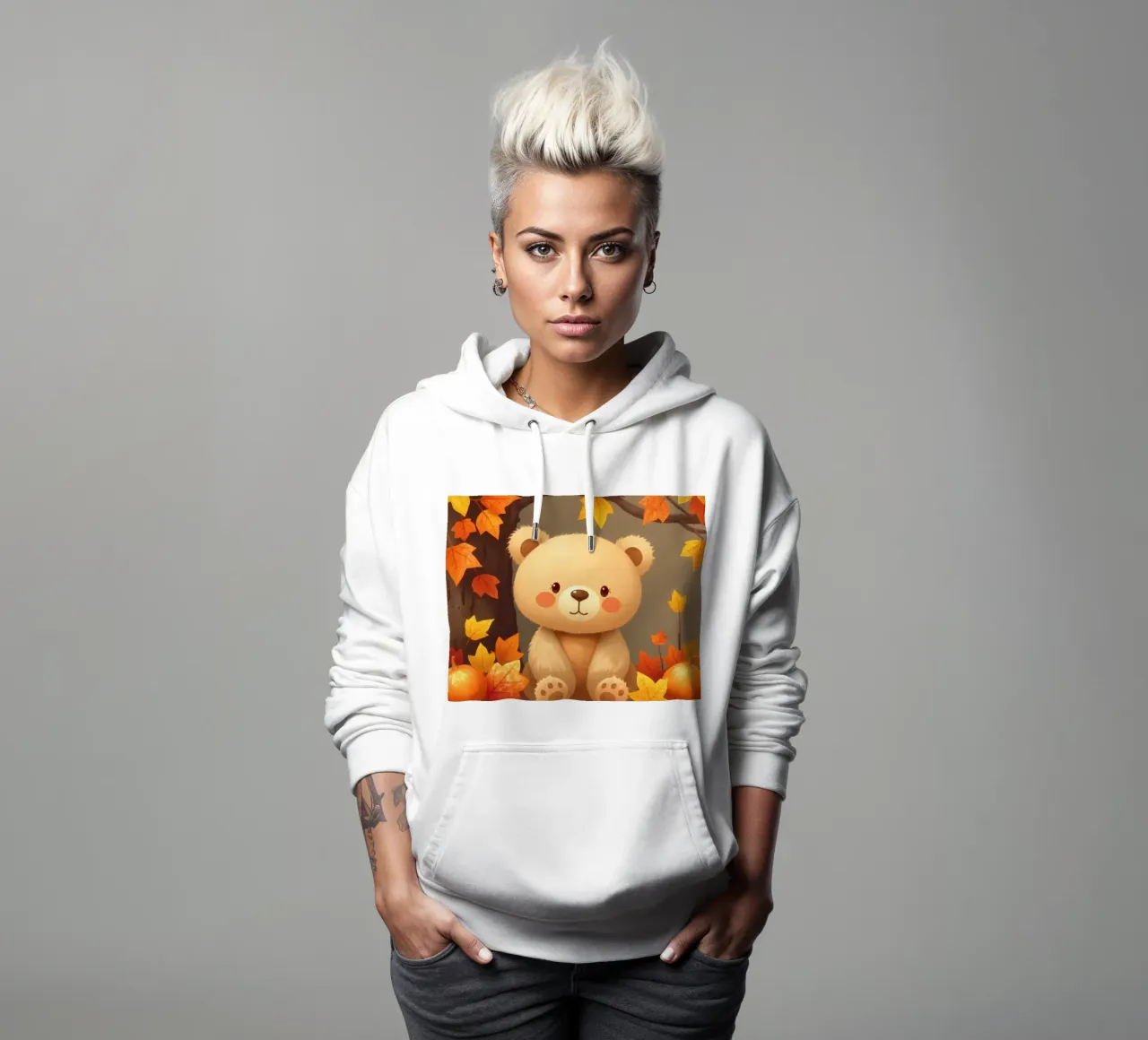 Un simpatico orso siede tra foglie e zucche colorate d'autunno felpa con cappuccio da DesignDoodle