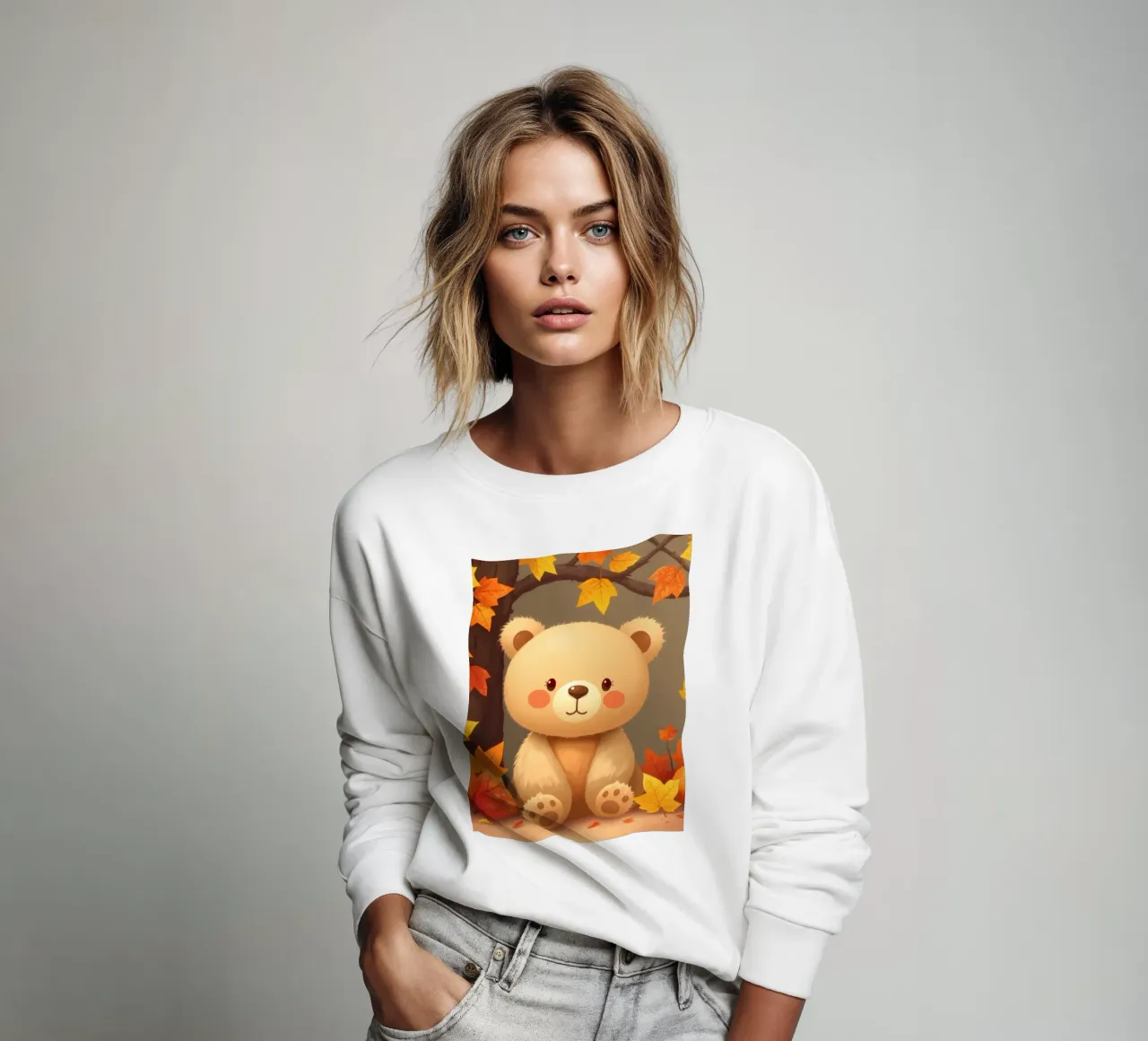 Cute bear sits among colorful autumn leaves and pumpkins sweatshirt by DesignDoodle