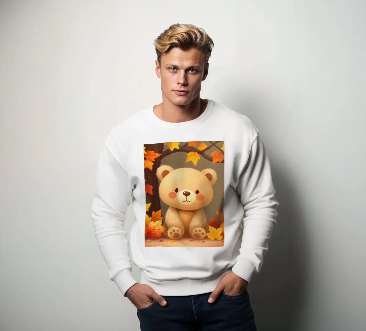 Cute bear sits among colorful autumn leaves and pumpkins sweatshirt by DesignDoodle