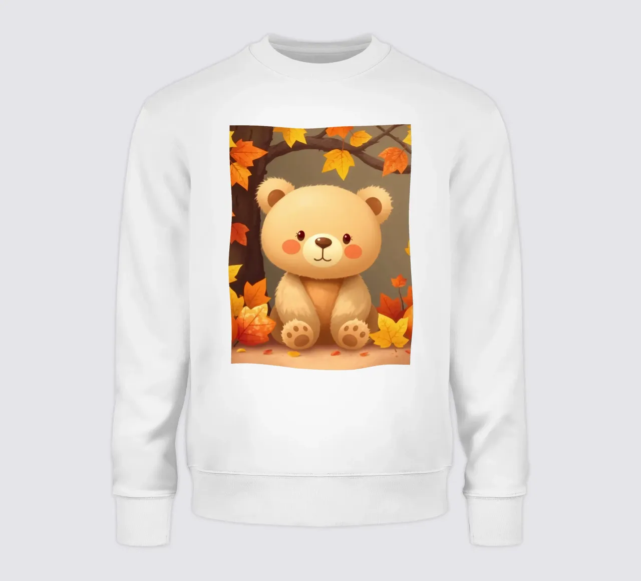 Cute bear sits among colorful autumn leaves and pumpkins sweatshirt by DesignDoodle