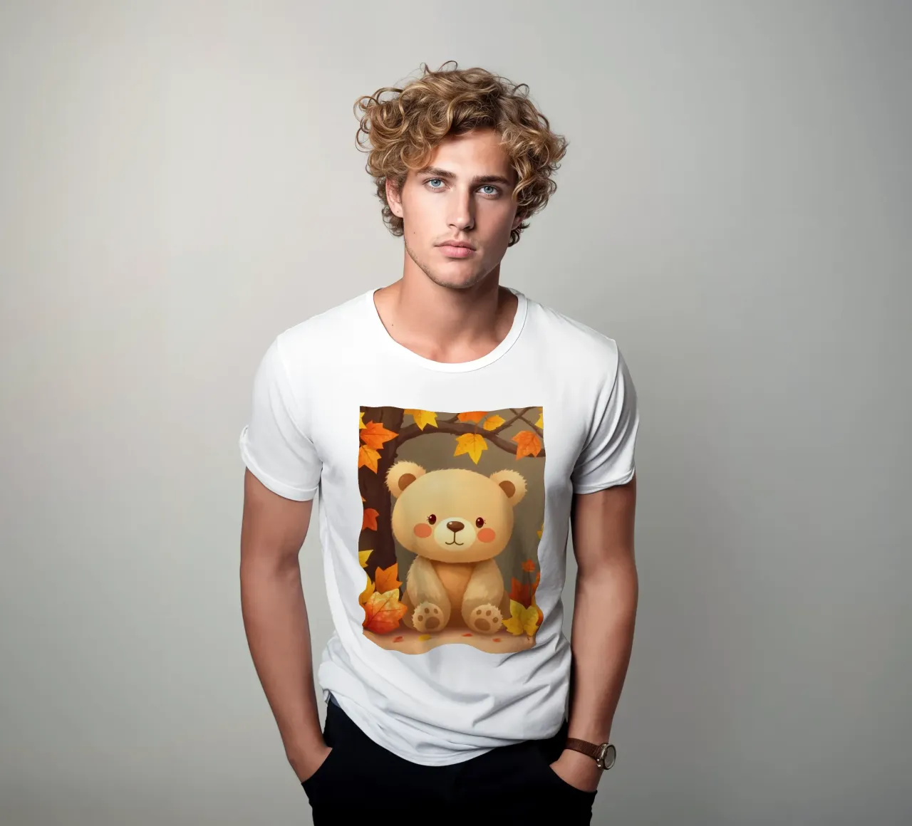 Un simpatico orso siede tra foglie e zucche colorate d'autunno t-shirt da DesignDoodle
