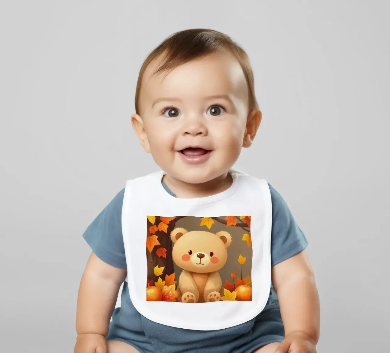 Un simpatico orso siede tra foglie e zucche colorate d'autunno bavaglino da DesignDoodle