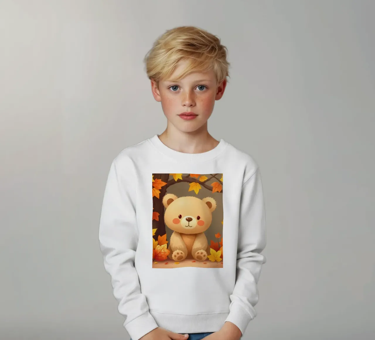 Un simpatico orso siede tra foglie e zucche colorate d'autunno felpa bambino da DesignDoodle