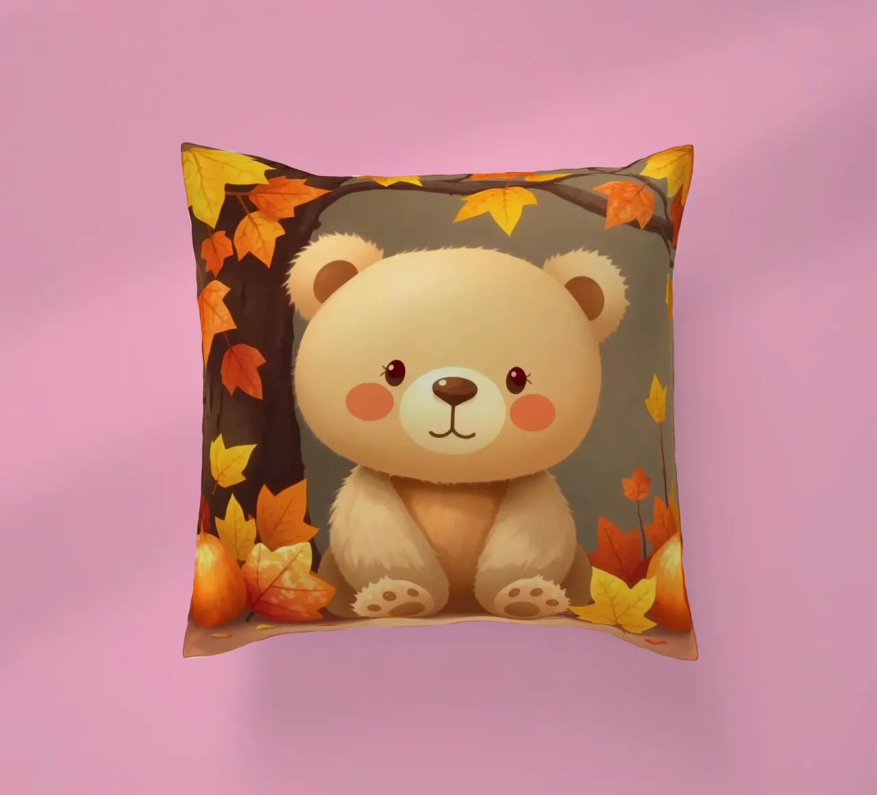 Un simpatico orso siede tra foglie e zucche colorate d'autunno cuscino da DesignDoodle