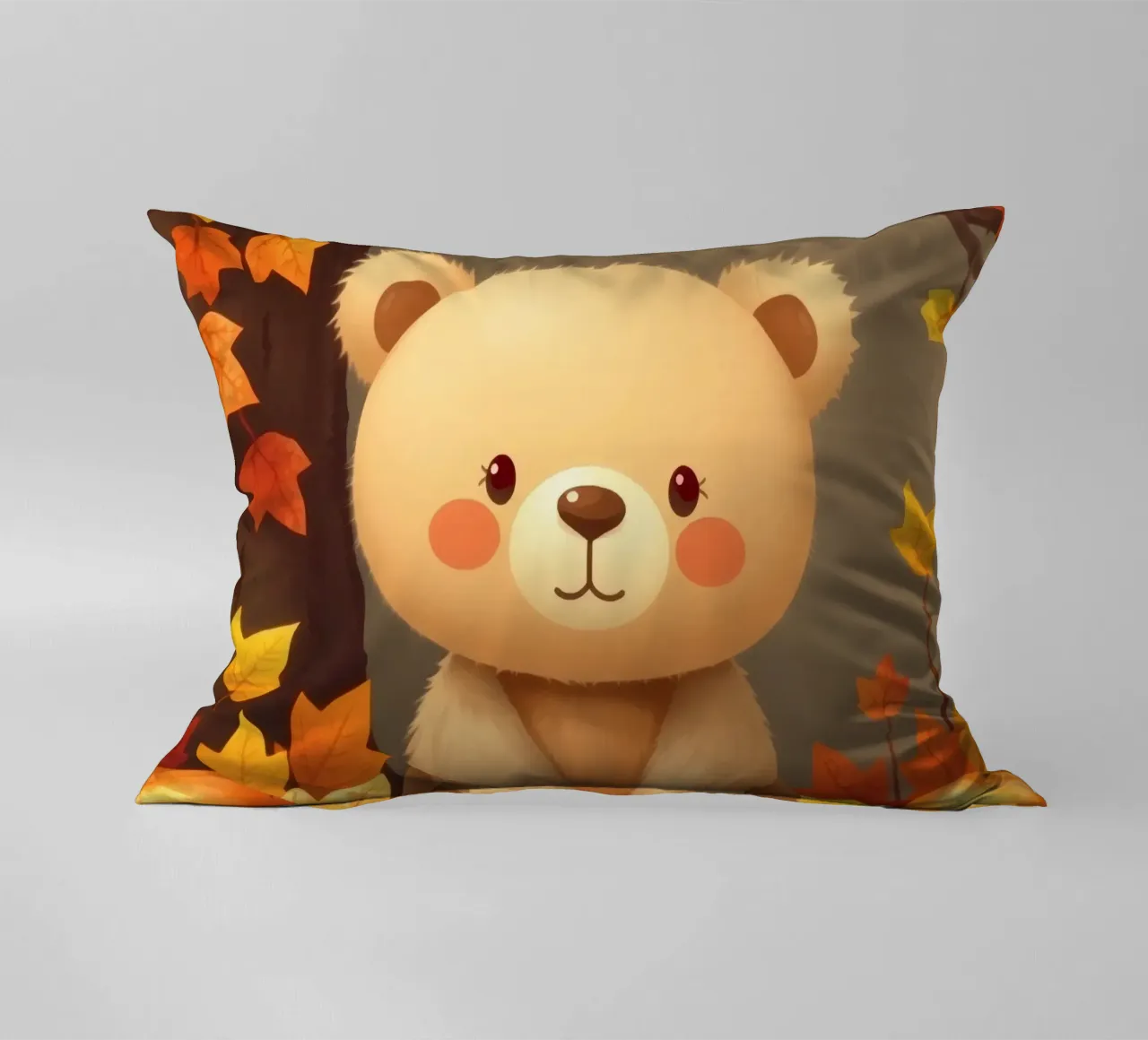 Un simpatico orso siede tra foglie e zucche colorate d'autunno cuscino da DesignDoodle