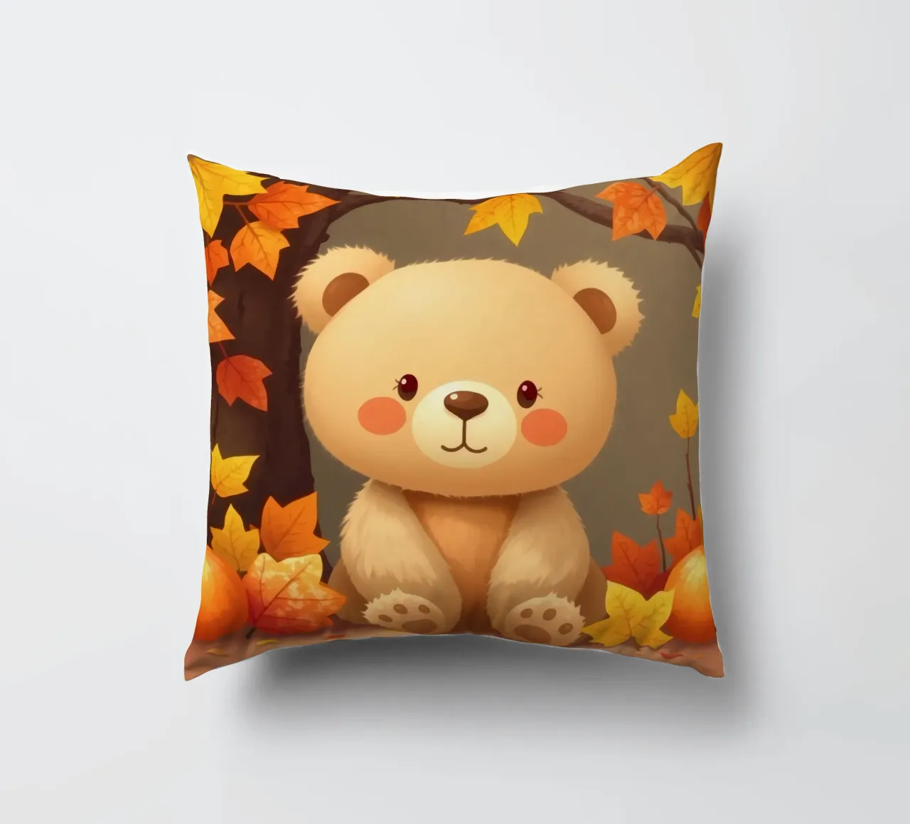 Un simpatico orso siede tra foglie e zucche colorate d'autunno cuscino da DesignDoodle