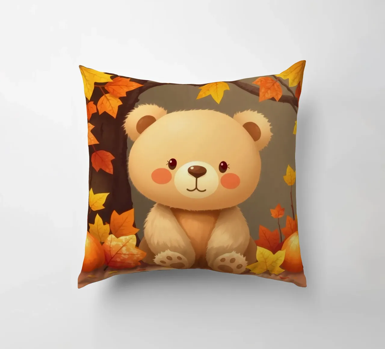 Un simpatico orso siede tra foglie e zucche colorate d'autunno cuscino da DesignDoodle